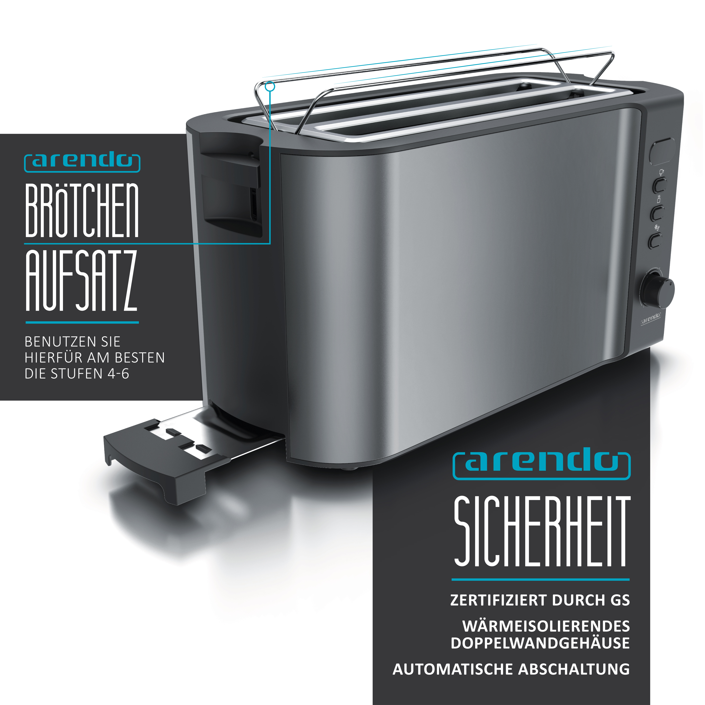 Ein grauer Toaster mit Text über einen Brötchenaufsatz und Sicherheitszertifizierungen auf weißem Hintergrund.