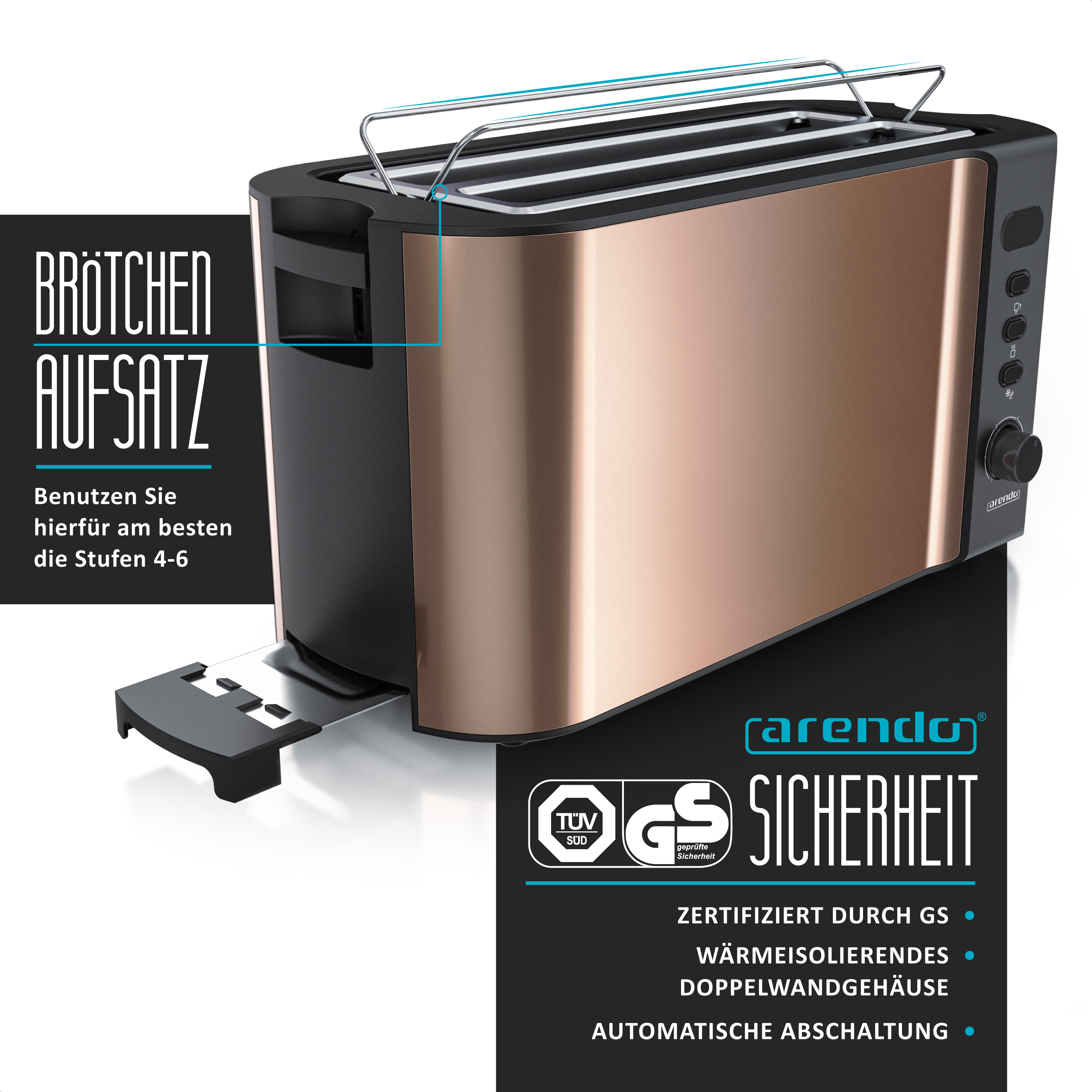 Ein kupferfarbener und schwarzer Toaster mit Text und Logos auf weißem Untergrund.