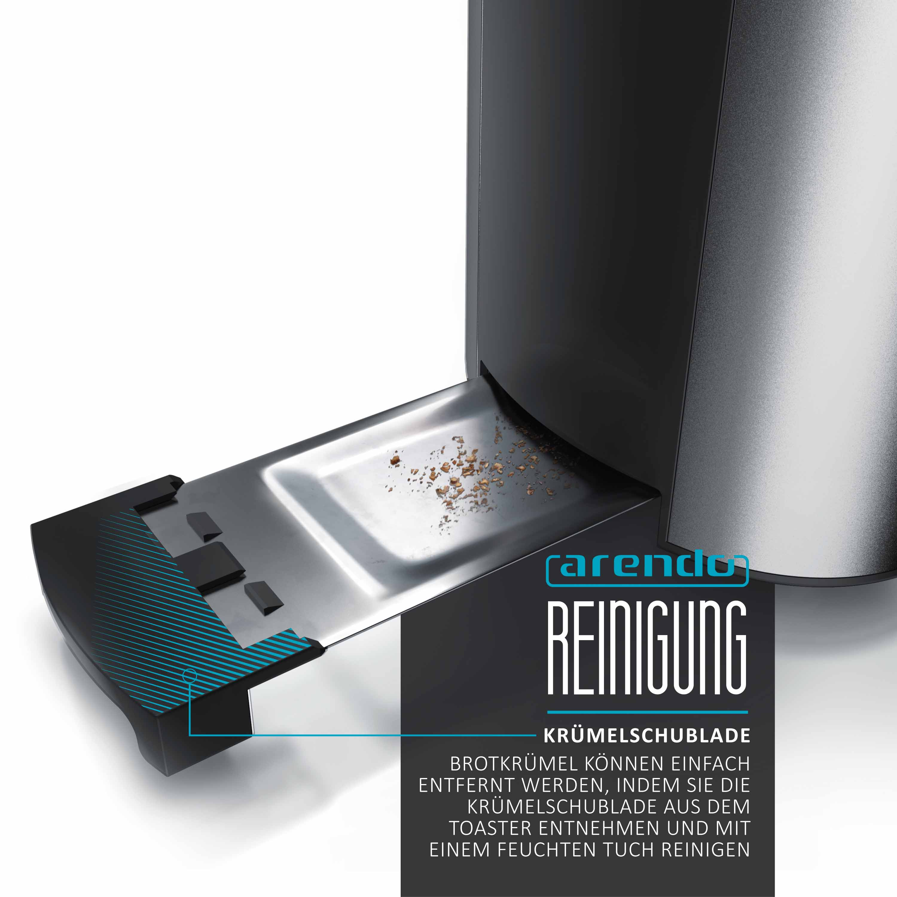 Toaster mit offener Krümelschublade, Krümel zeigend, Reinigungstext.