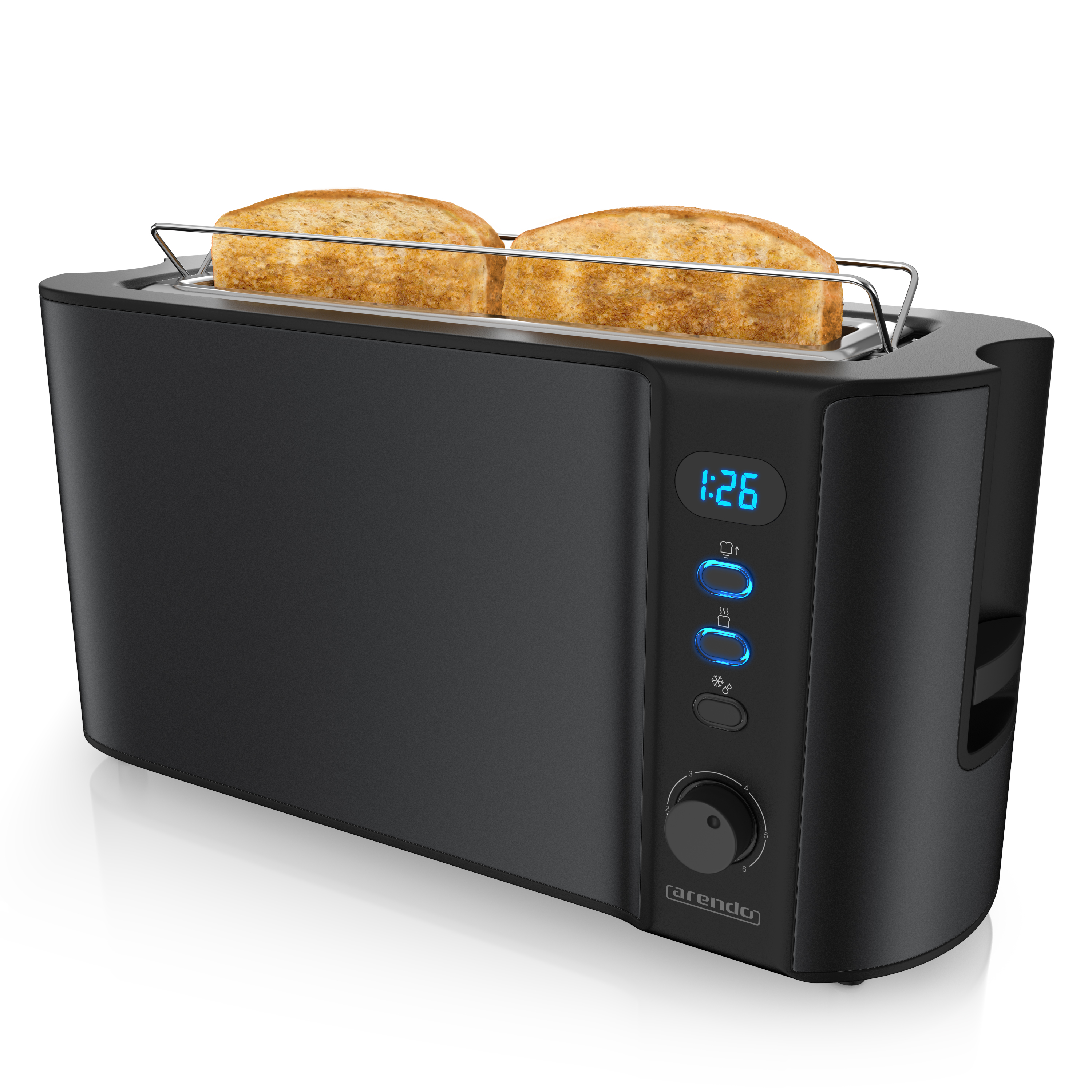 Schwarzer Toaster mit zwei Brotscheiben. Er hat ein digitales Display und Bedienknöpfe.
