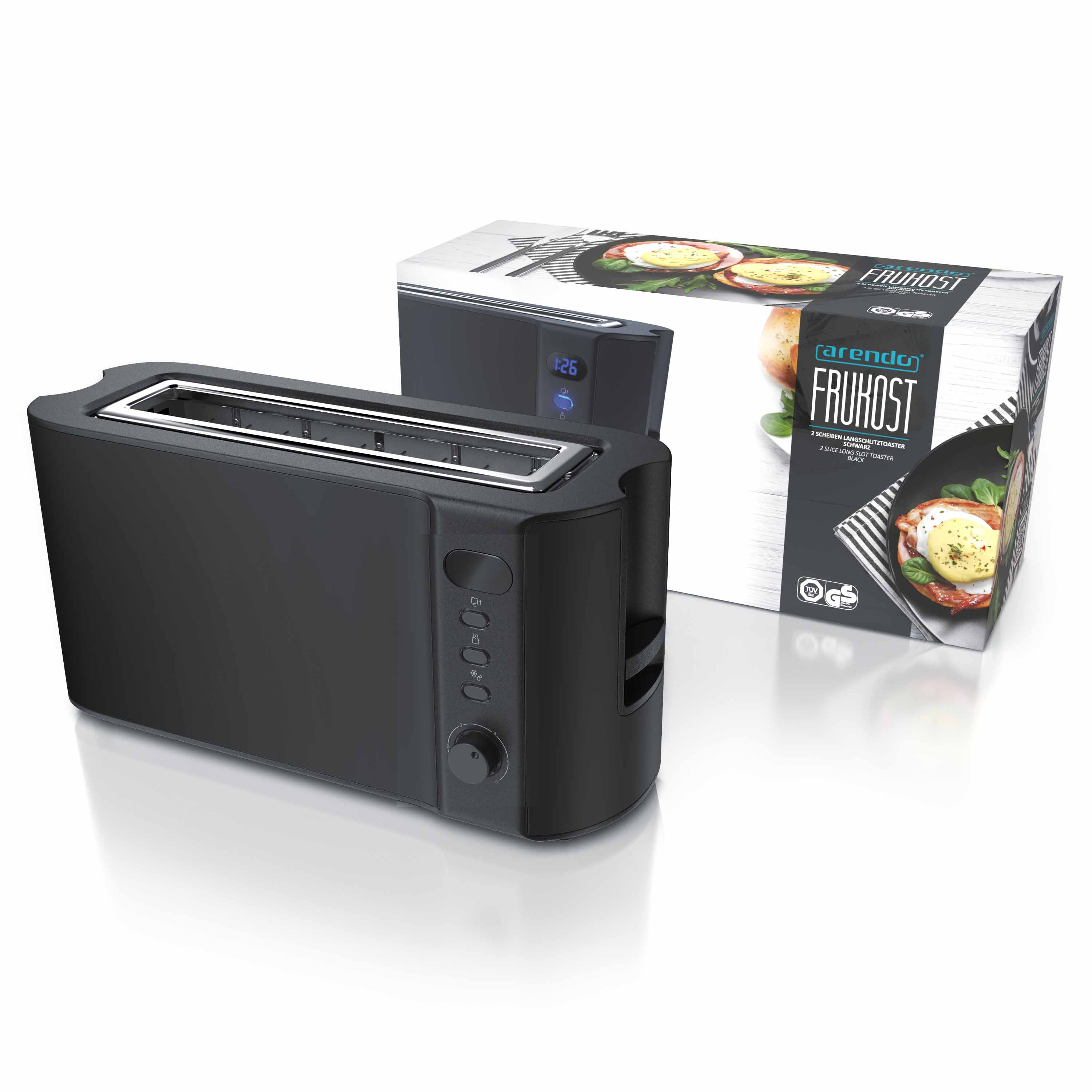 Schwarzer Toaster, schwarzes Bedienfeld und eine Box mit Essensbildern.