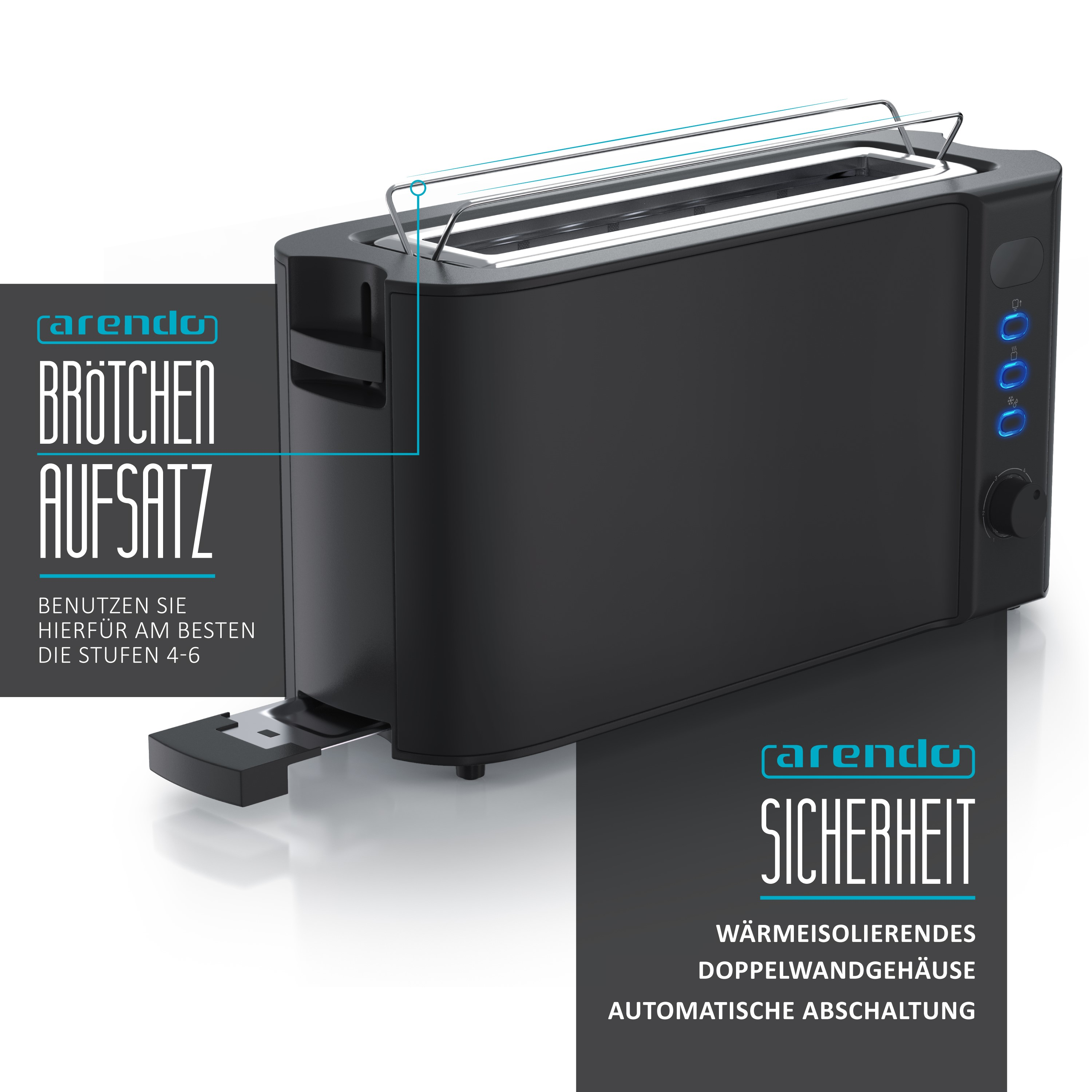 Schwarzer Toaster mit Brötchenaufsatz. Er hat ein Bedienfeld mit Einstellungen und die Worte 'Sicherheit' und 'Doppelwandgehäuse'.