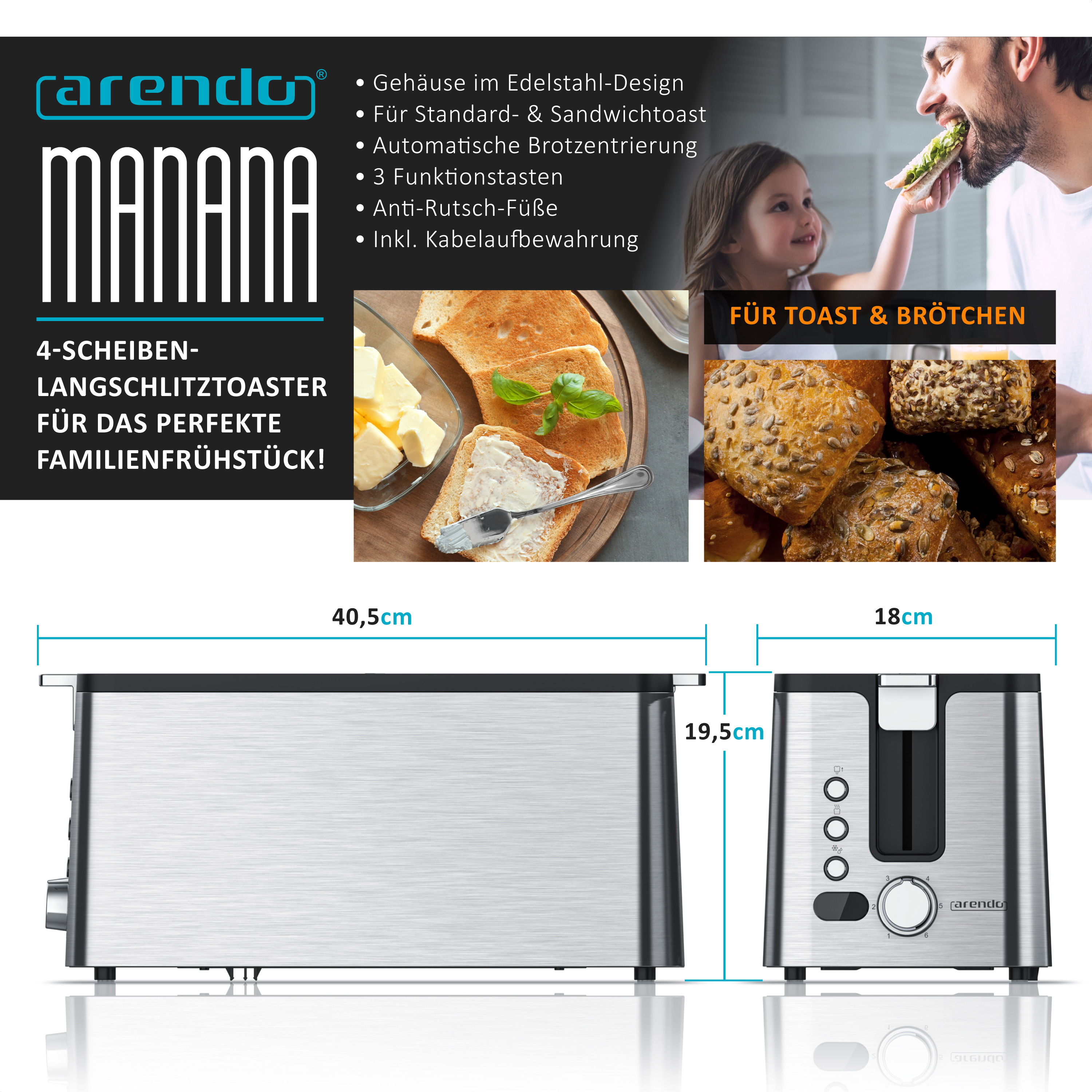 Toaster mit Maßangaben, und eine Person, die Toast isst, mit einem Kind auf weißem Hintergrund.