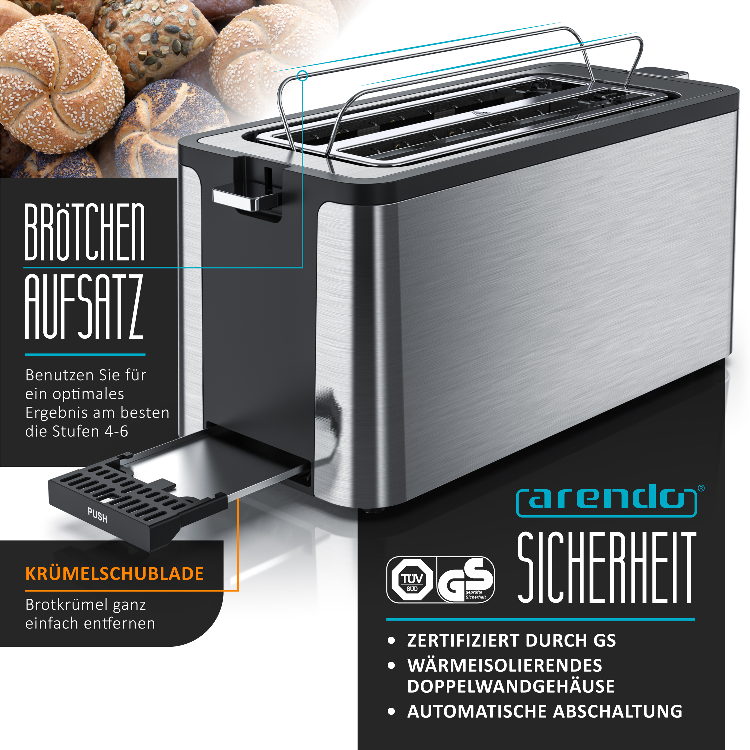 Silberner Toaster mit schwarzer Krümelschublade. Hat einen Brötchenaufsatz. Brot und Brötchen im Hintergrund.