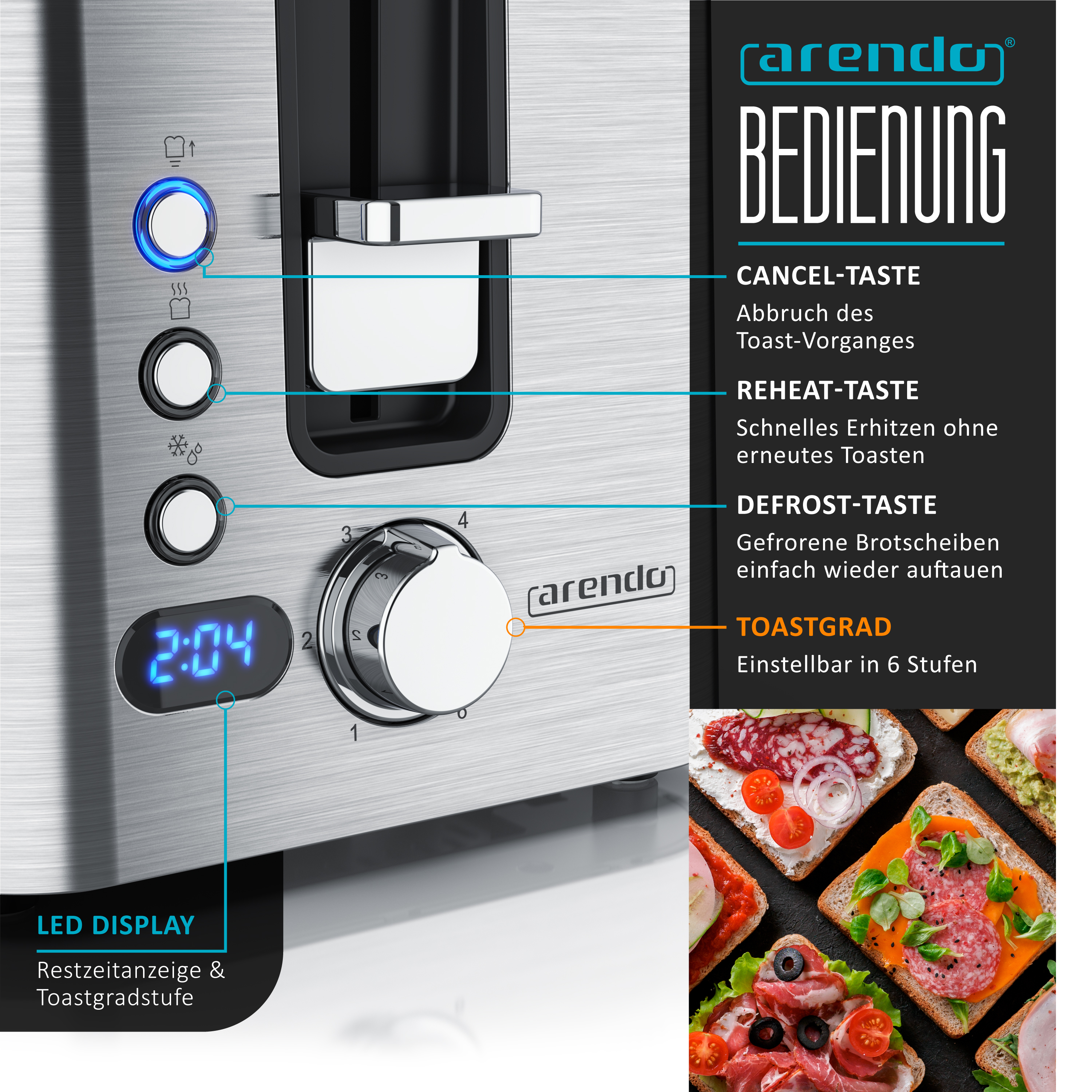 Silberner Toaster mit Knöpfen und Display. Zeigt Toast und Text über die Funktionen.