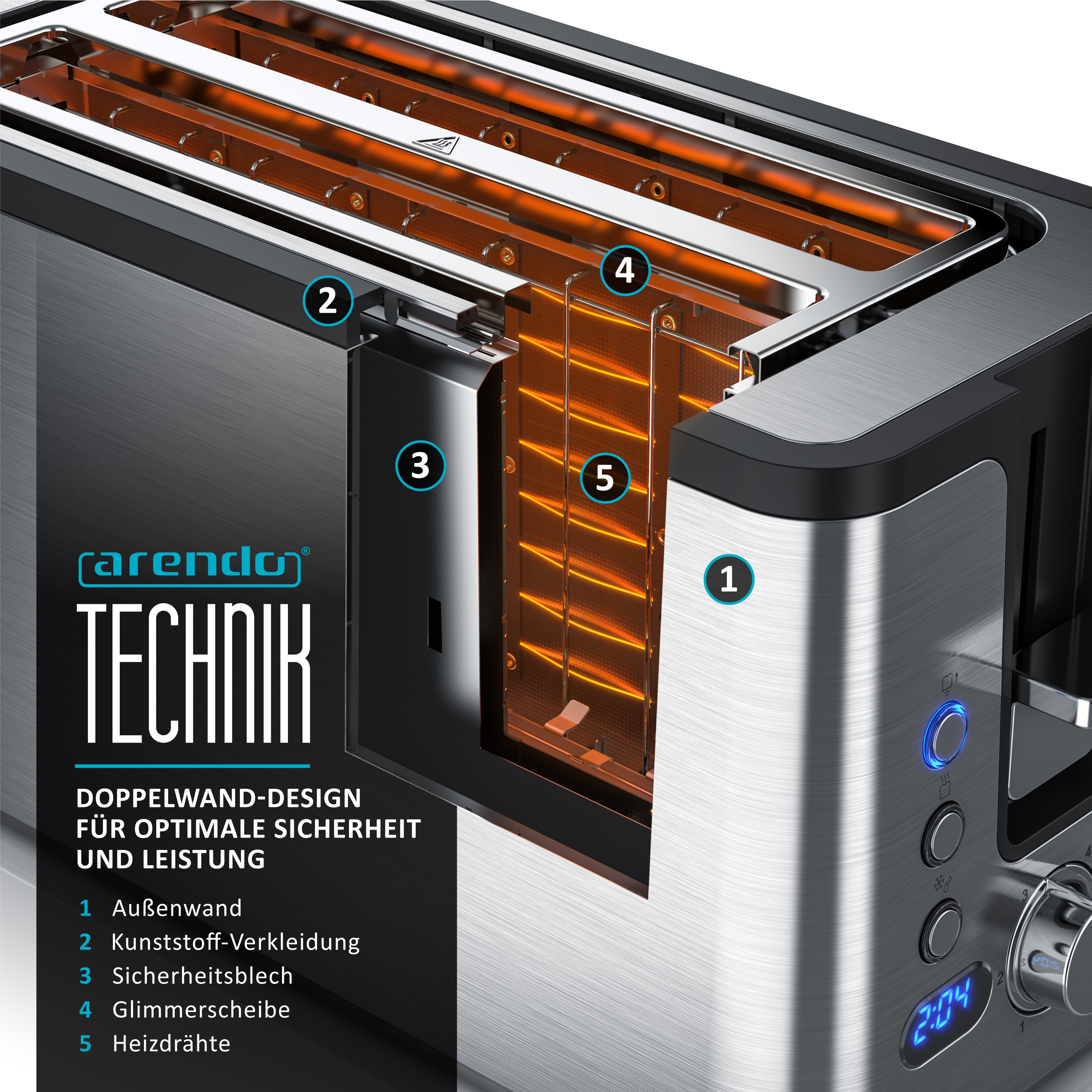 Toaster mit Querschnitt, der Heizelemente und interne Komponenten mit Beschriftungen zeigt.