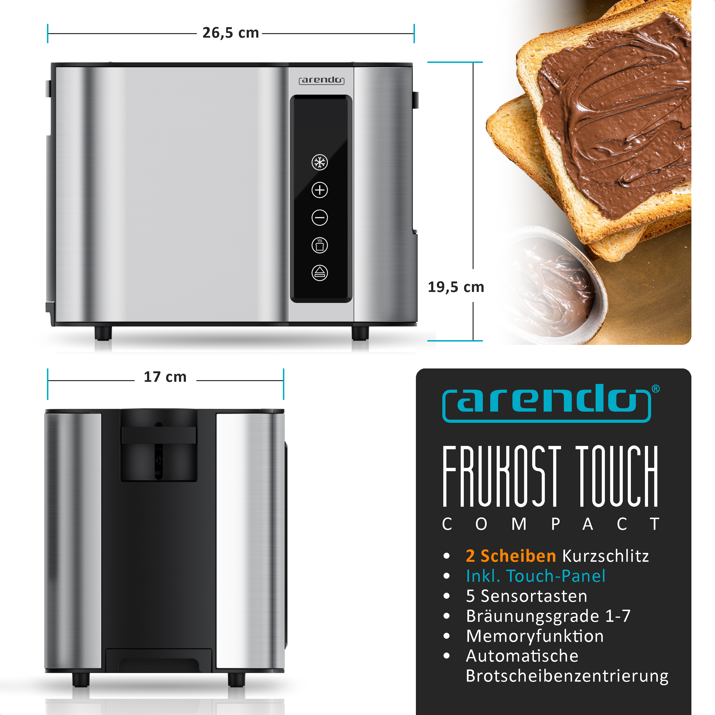 Silberner Toaster mit schwarzen Knöpfen und Display. Auf dem Tisch liegt Toast mit Nutella und Marmelade.