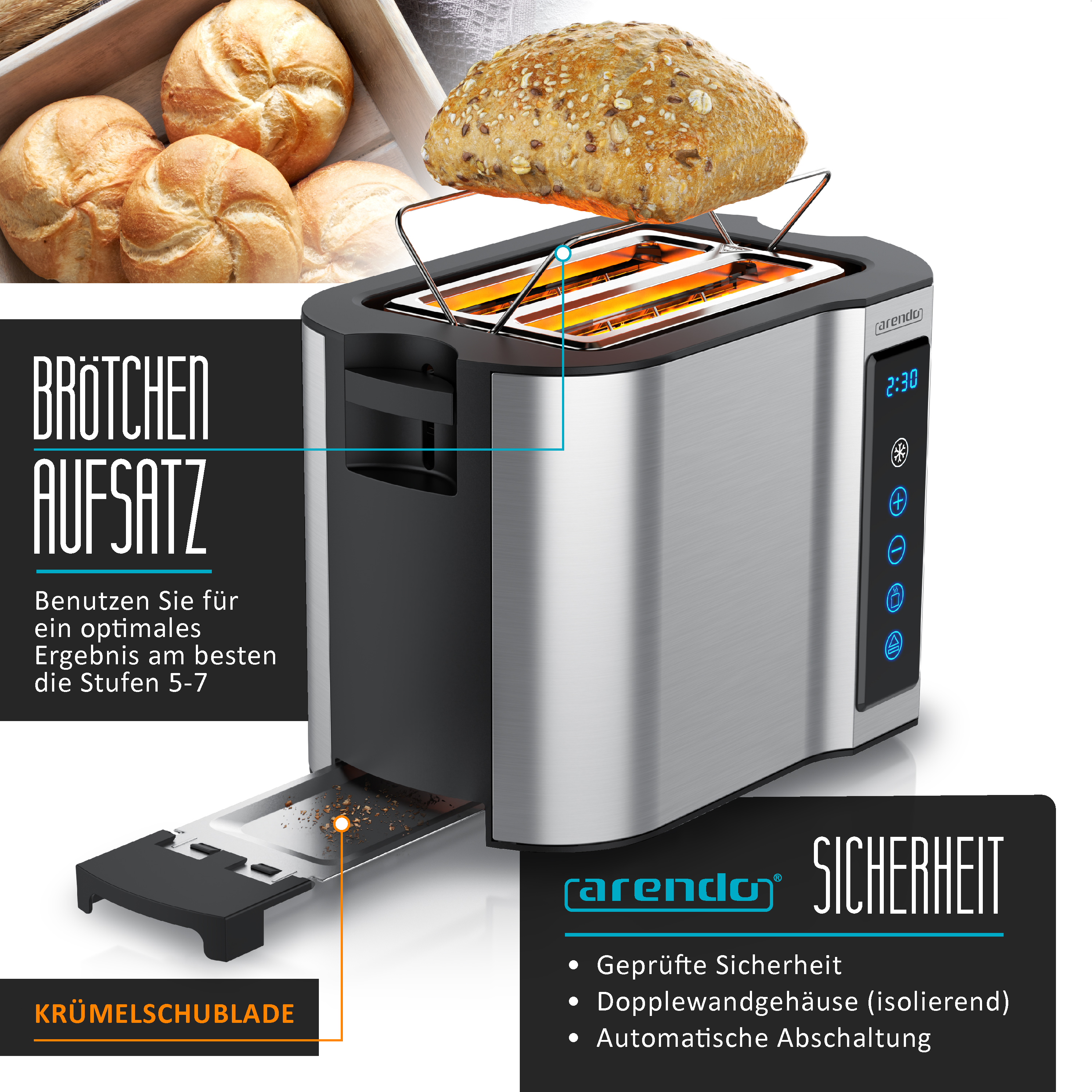 Ein Toaster aus Edelstahl mit Brötchenaufsatz und Brot darin. Text und Grafiken sind ebenfalls vorhanden.
