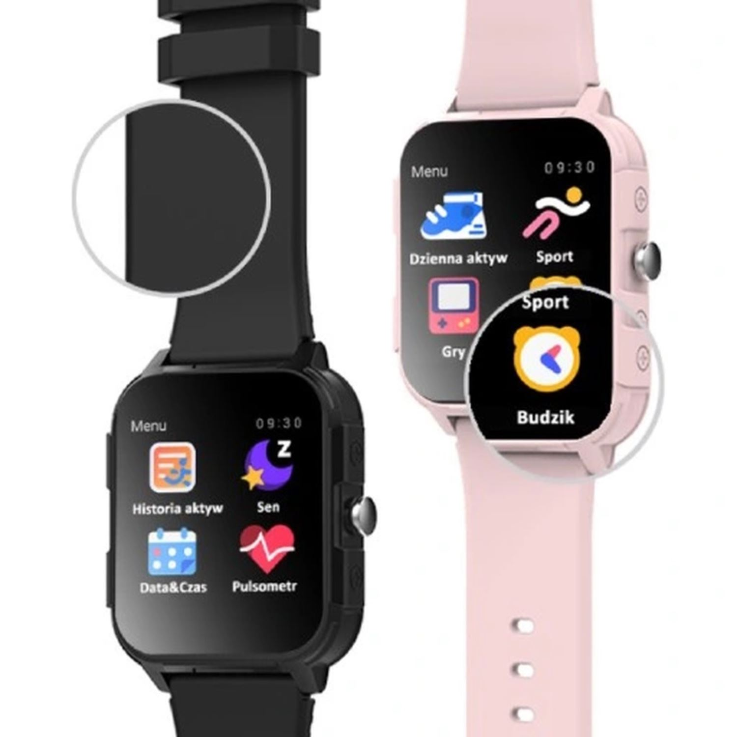 Zwei Smartwatches, schwarz und rosa. Zeigen verschiedene Symbole an.