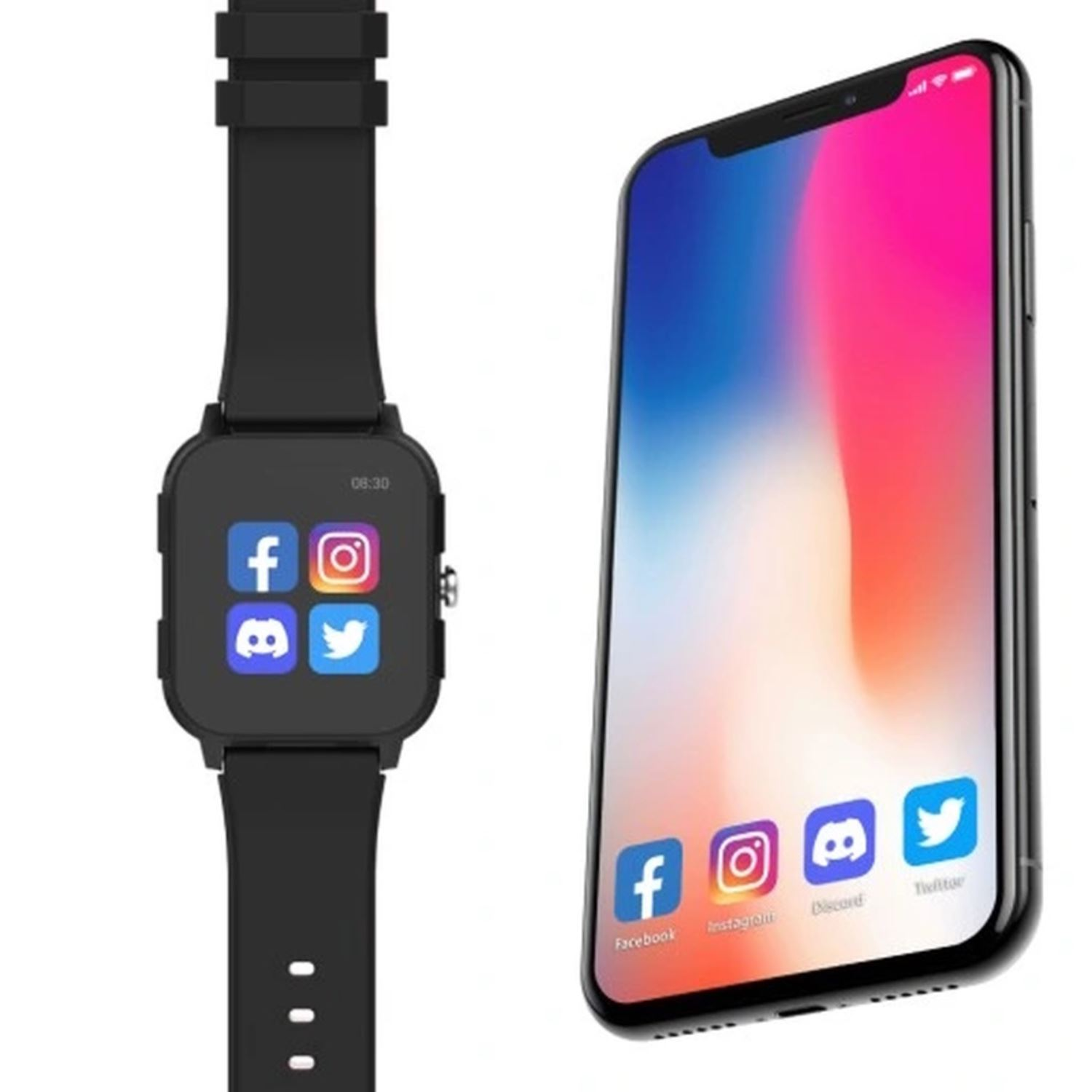 Schwarze Smartwatch und ein Smartphone, das Social-Media-Symbole anzeigt.