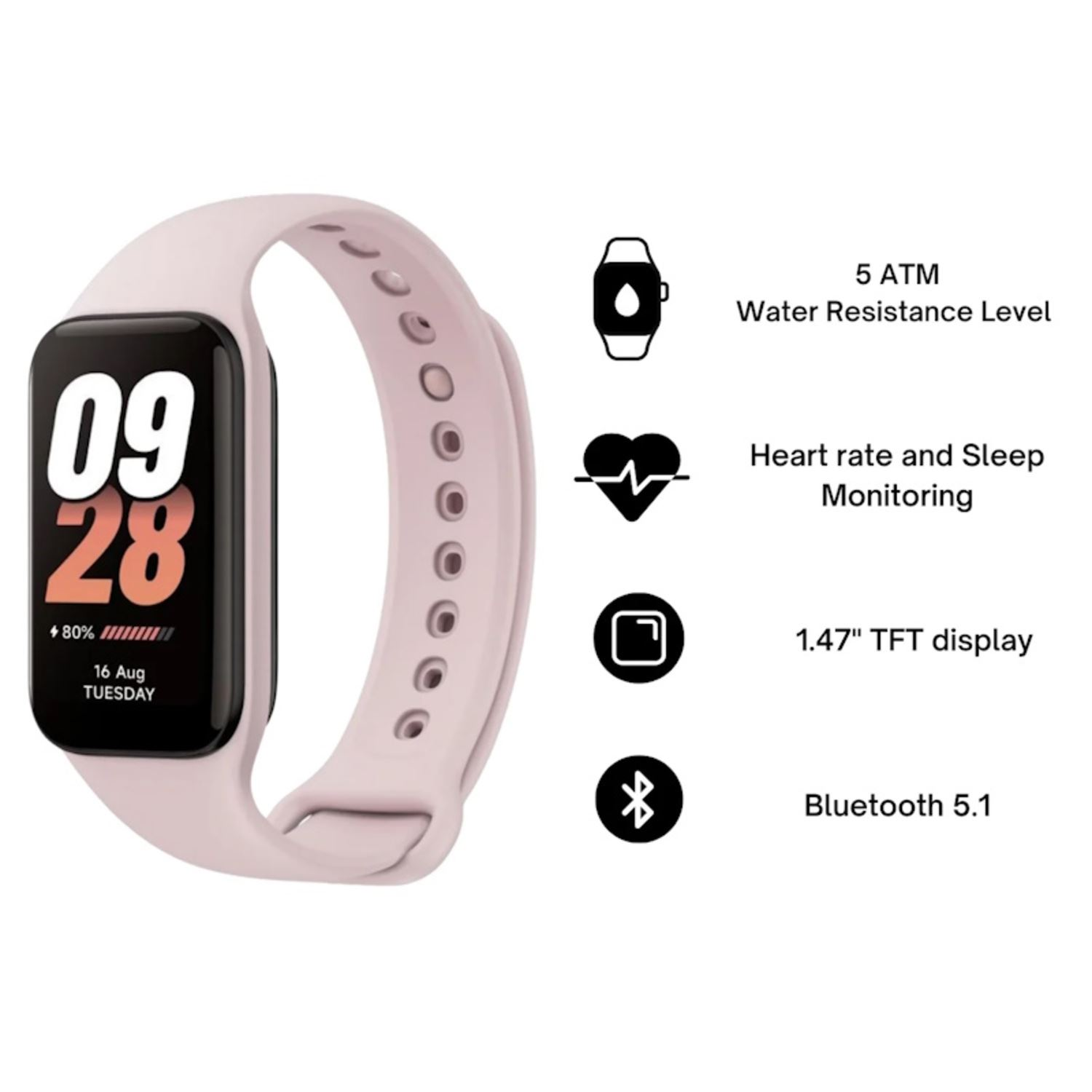 Różowy smartwatch pokazujący datę, godzinę i żywotność baterii, z ikonami opisującymi funkcje.