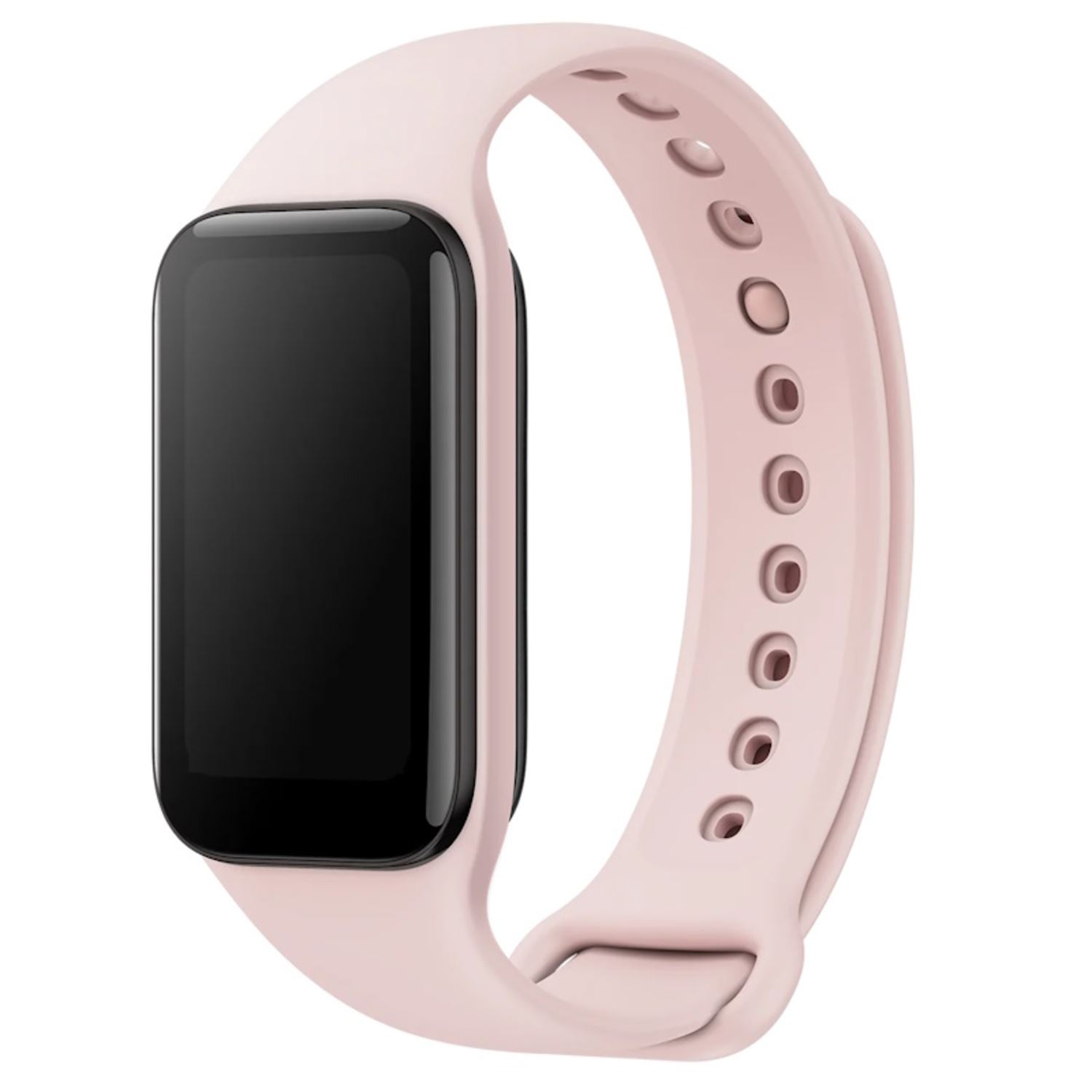 Różowy smartwatch z czarnym prostokątnym ekranem i różowym paskiem. Zaokrąglone rogi i otwory.