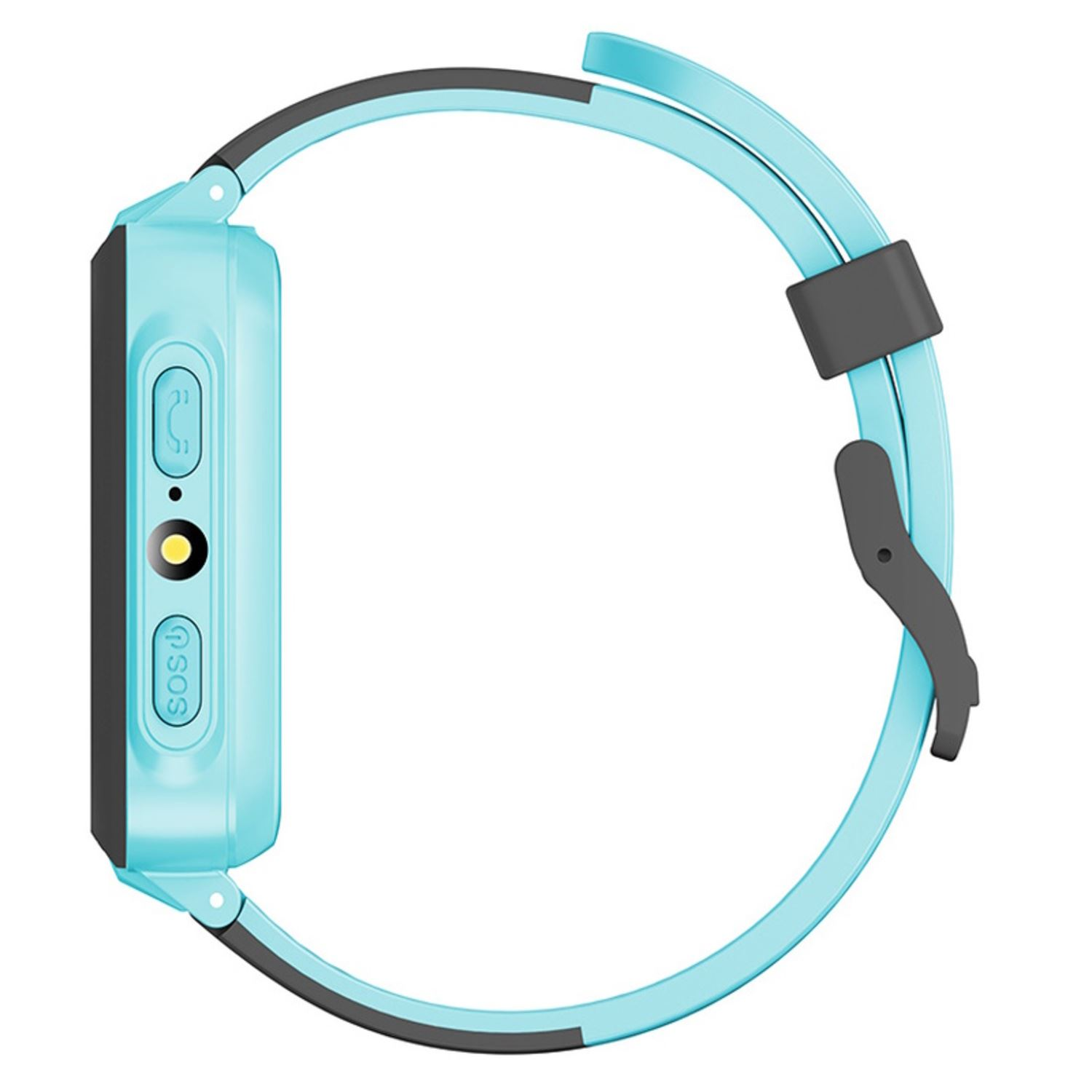 Eine blaue Smartwatch mit blauem Armband, mit schwarzem Bildschirm, auf weißem Hintergrund.