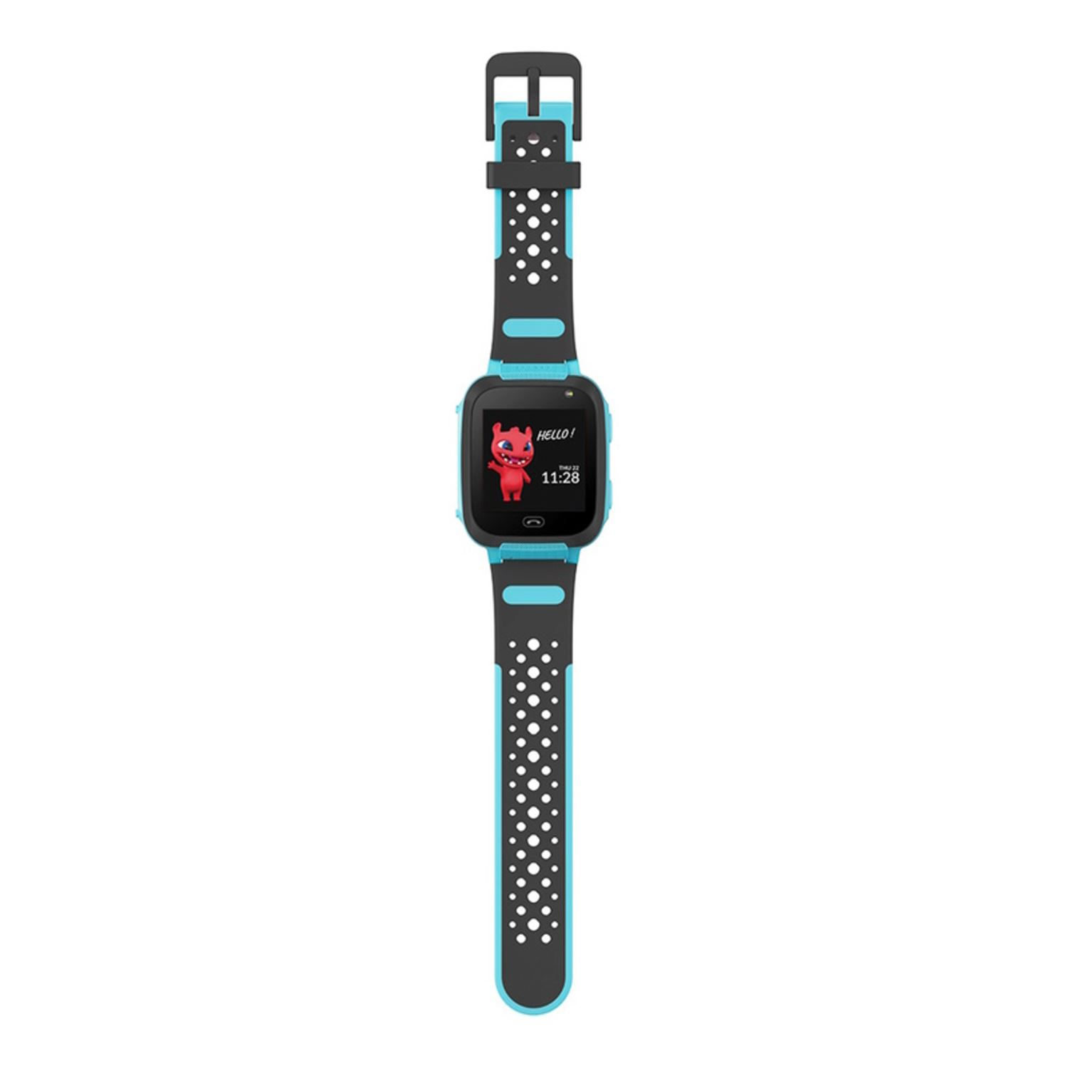 Smartwatch mit digitalem Display, das eine Cartoon-Grafik zeigt, schwarzes und türkisfarbenes Band.