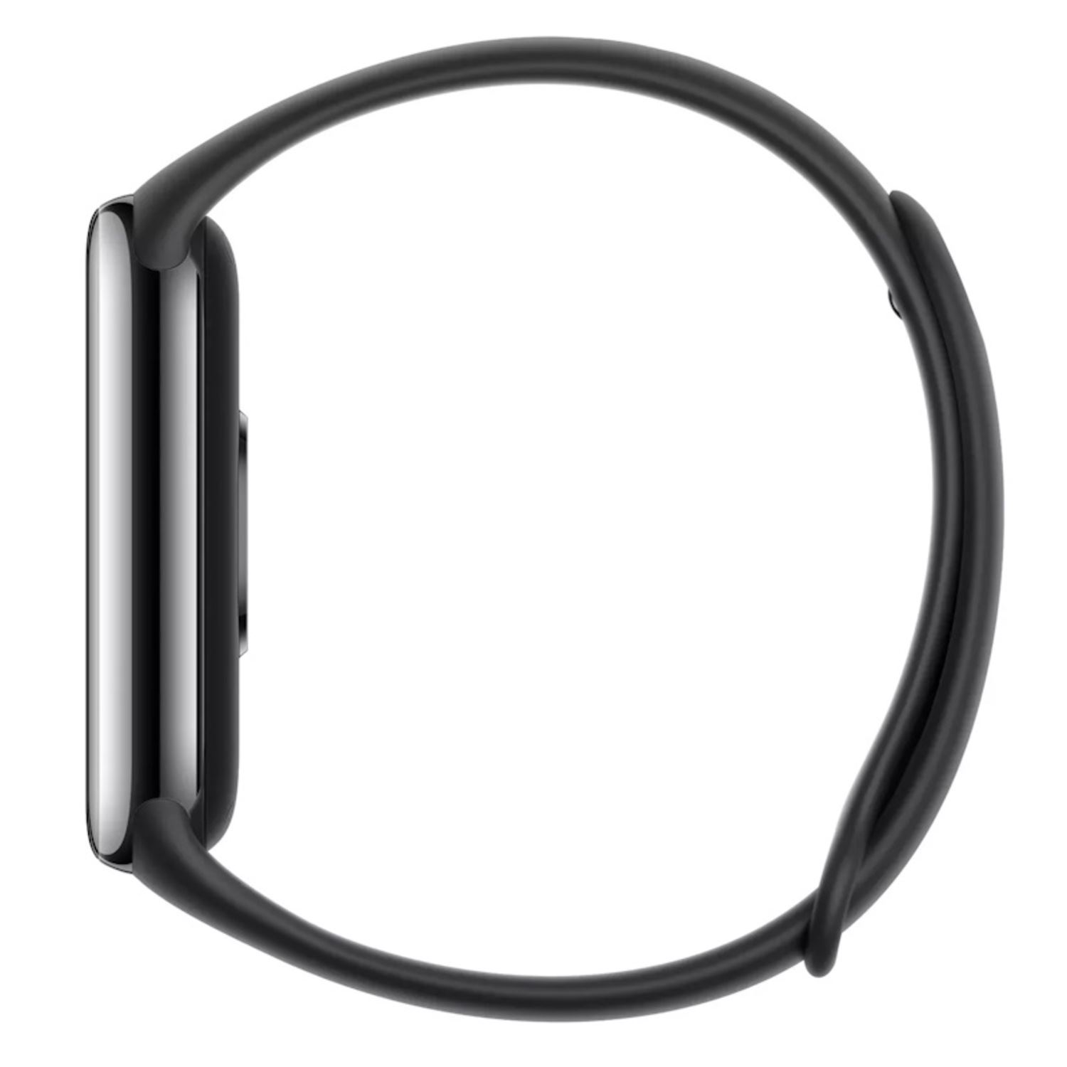 Czarny smartwatch z zakrzywionym paskiem, widok z boku.