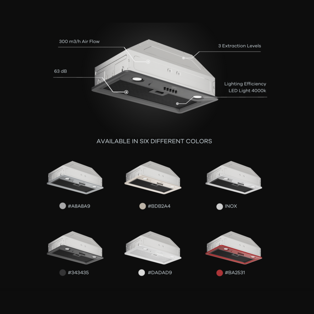 A graphic showing a range hood with technical details and color options.