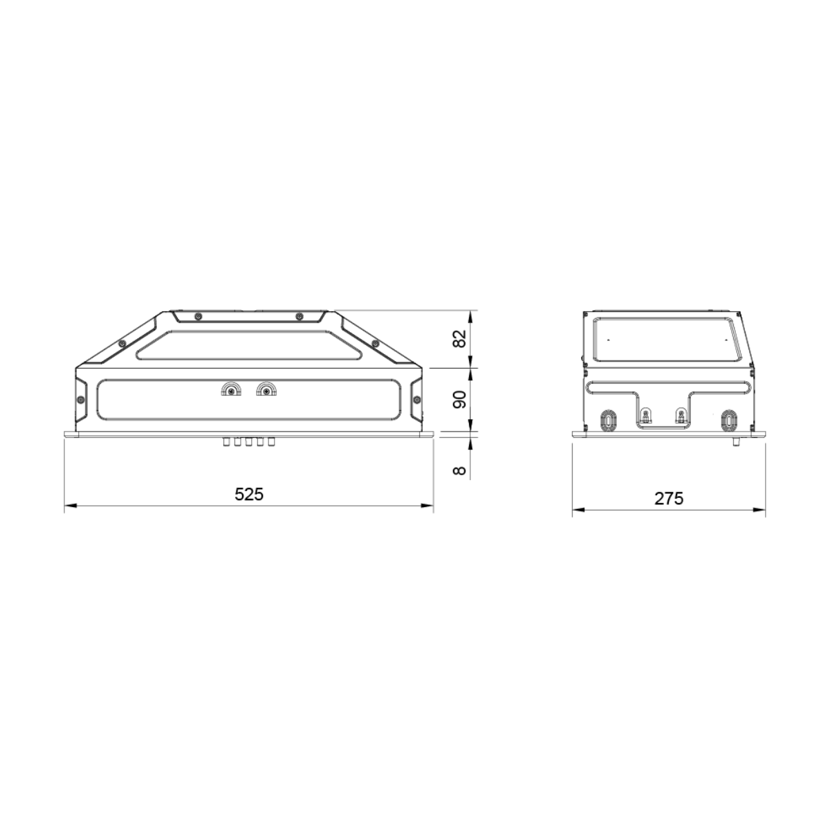 A technical drawing showing dimensions of a rectangular device. Measurements are in mm.