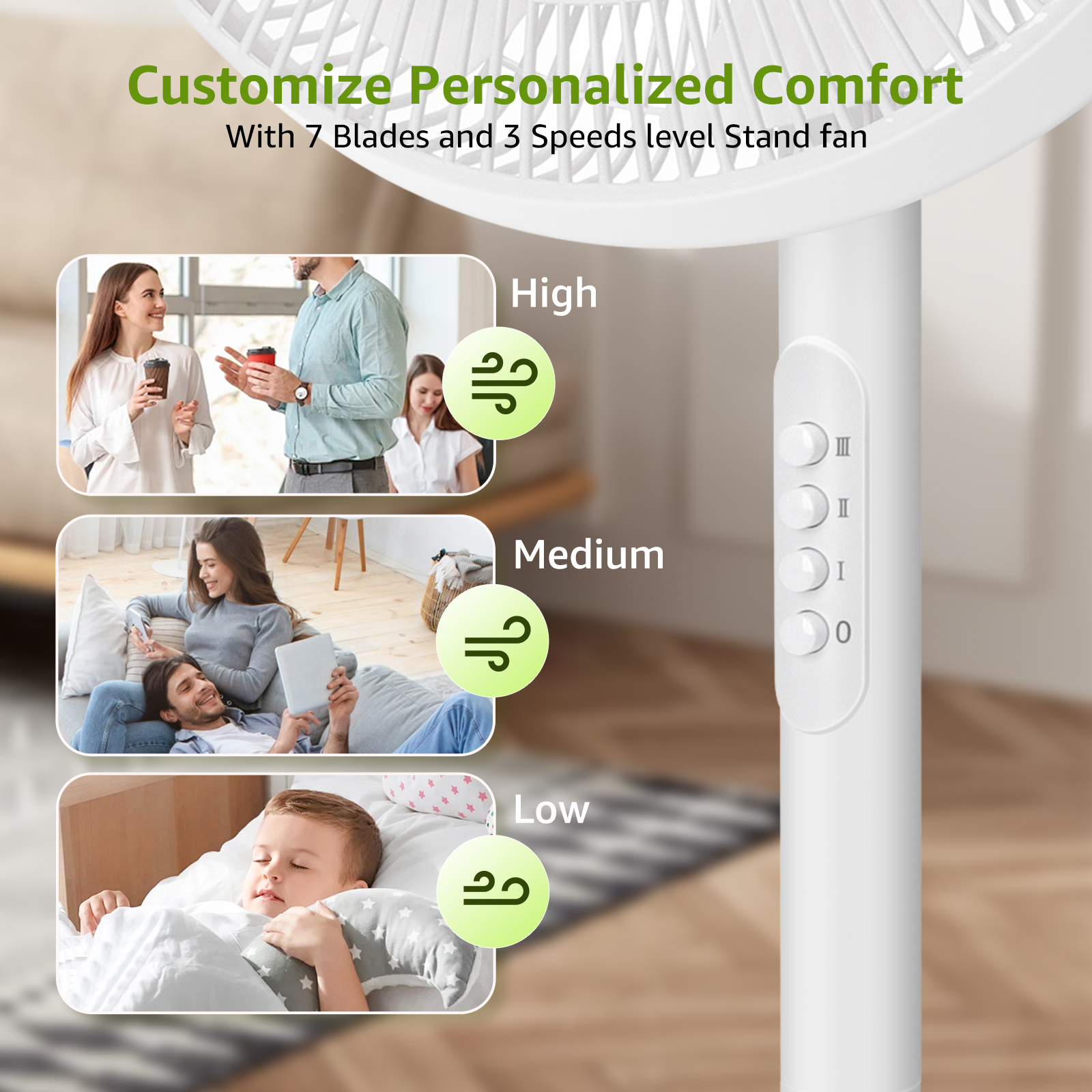 Ventilador de pie con tres velocidades. Personas en diferentes entornos. Título: Comodidad personalizada.