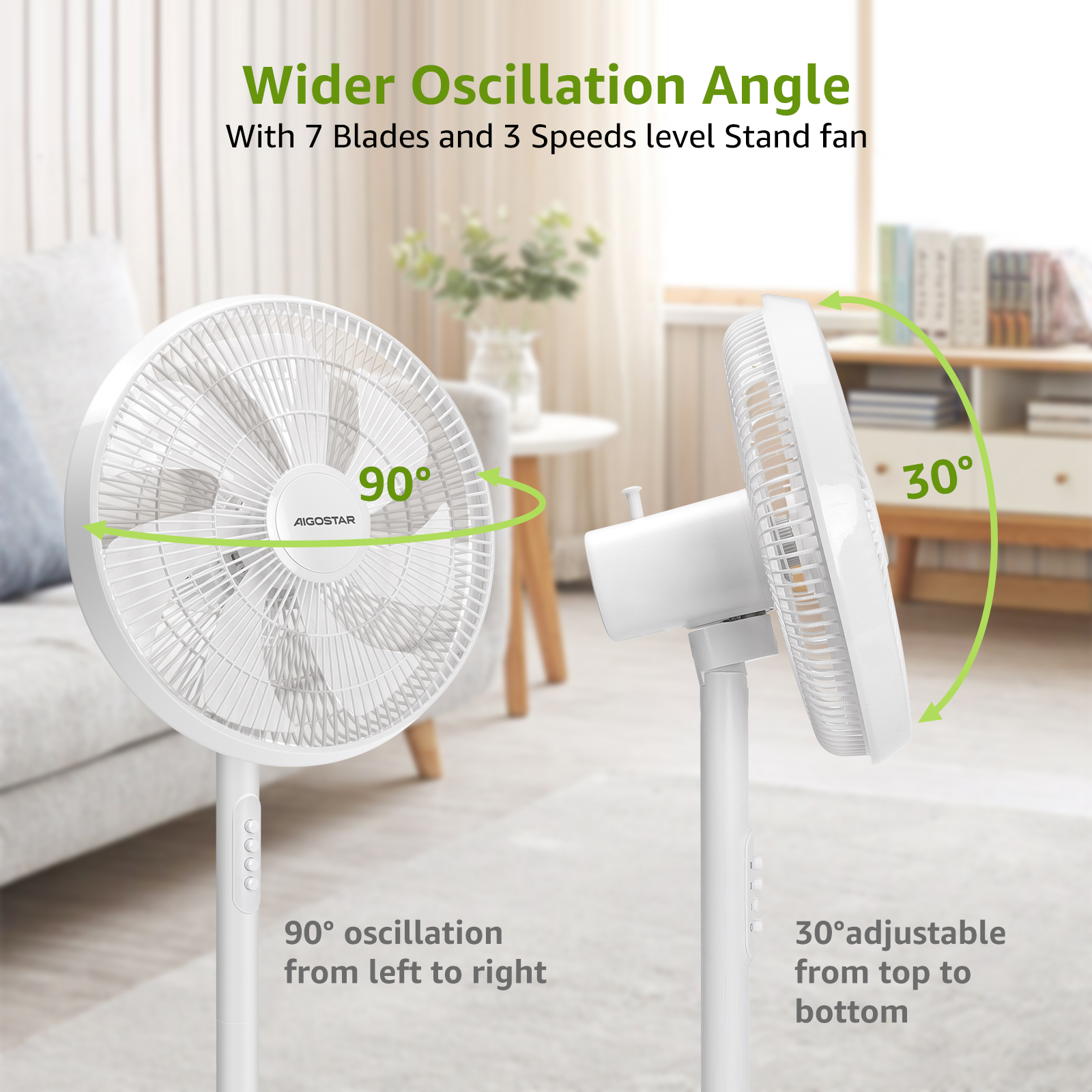 Se muestran dos ventiladores de pie blancos. Uno muestra un ángulo de oscilación de 90 grados, el otro un ángulo de 30 grados.