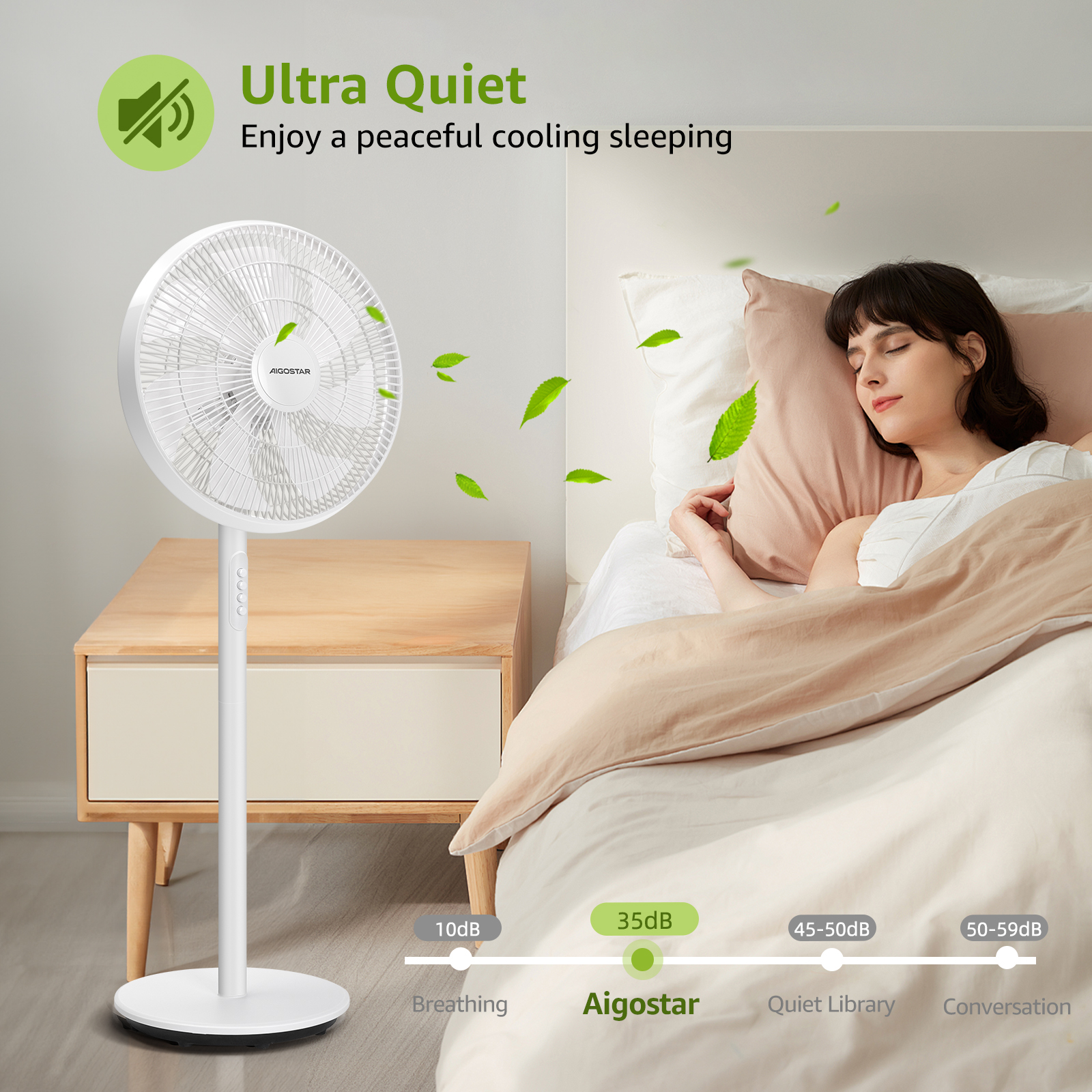 Mujer durmiendo cerca de un ventilador blanco. Hojas verdes alrededor. Texto sobre funcionamiento silencioso.