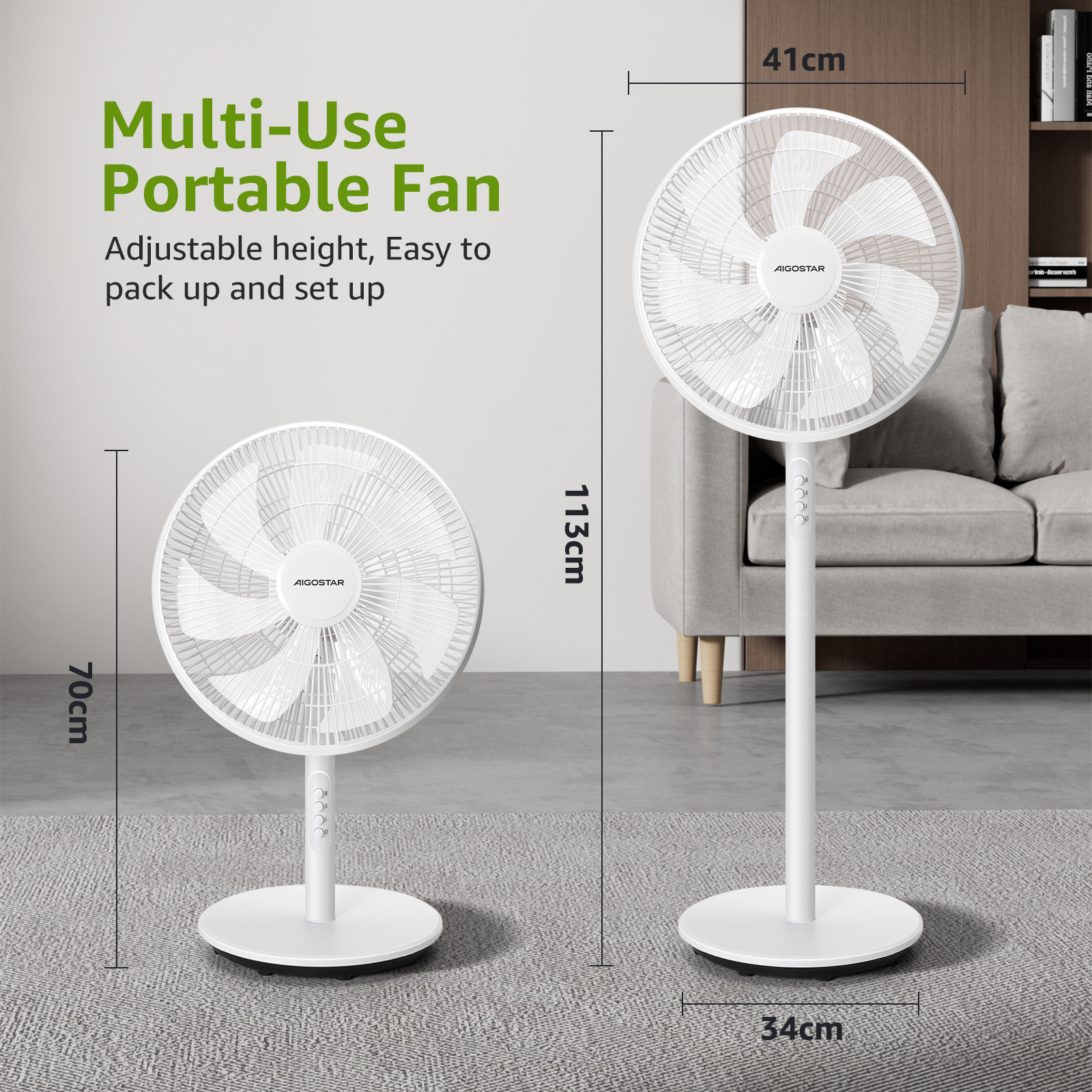 Dos ventiladores portátiles blancos con medidas mostradas; uno está en un soporte.
