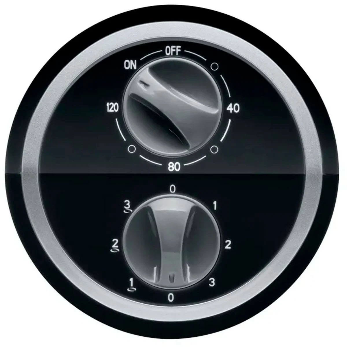 Panel de control negro con dos diales grises. Los diales controlan la velocidad y la configuración.