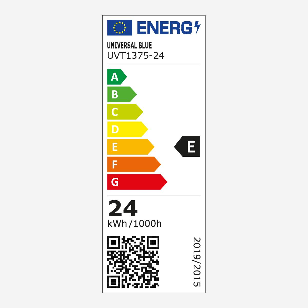 Etichetta energetica che mostra una classificazione E, con il marchio UNIVERSAL BLUE e codice QR.