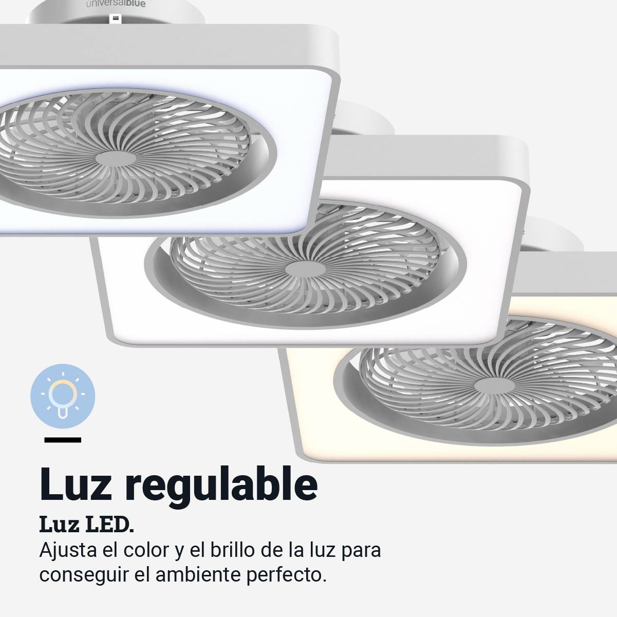 Tre ventilatori a soffitto bianchi con luce LED regolabile. Il testo spiega il colore e la luminosità regolabili.