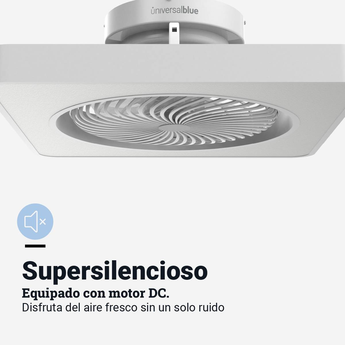 Ventilatore da soffitto con design quadrato bianco. Il ventilatore ha un motore silenzioso.