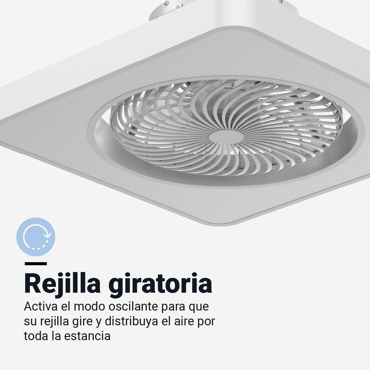 Ventilatore da soffitto bianco con griglia rotante. Il ventilatore è quadrato con cornice bianca e centro grigio.