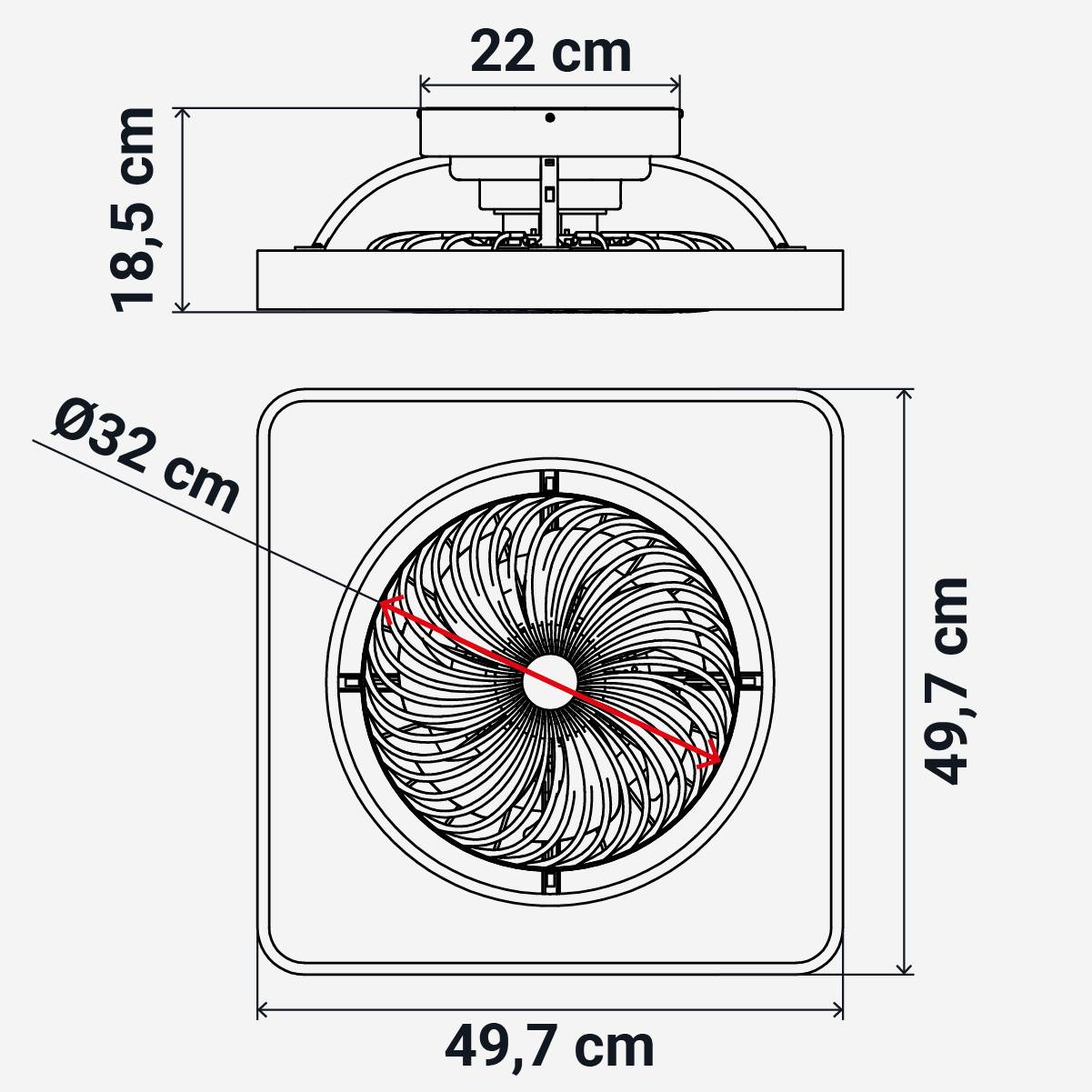 Schema vista dall'alto e laterale di un ventilatore a soffitto. Le dimensioni sono indicate in cm.