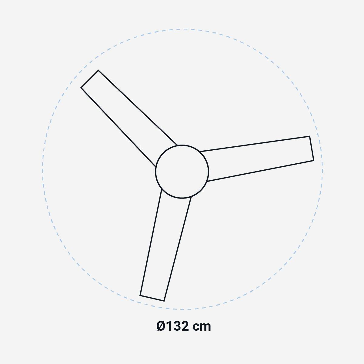Schema di un ventilatore a soffitto. Tre pale all'interno di un cerchio, con un diametro di 132 cm.