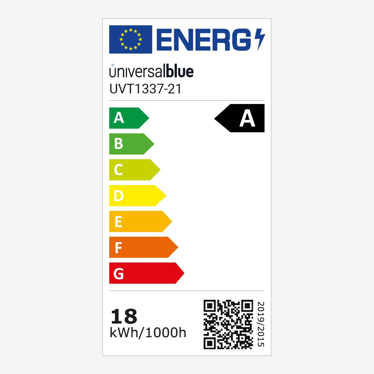 Etichetta di efficienza energetica per un prodotto universalblue UVT1337-21. Mostra le classificazioni.