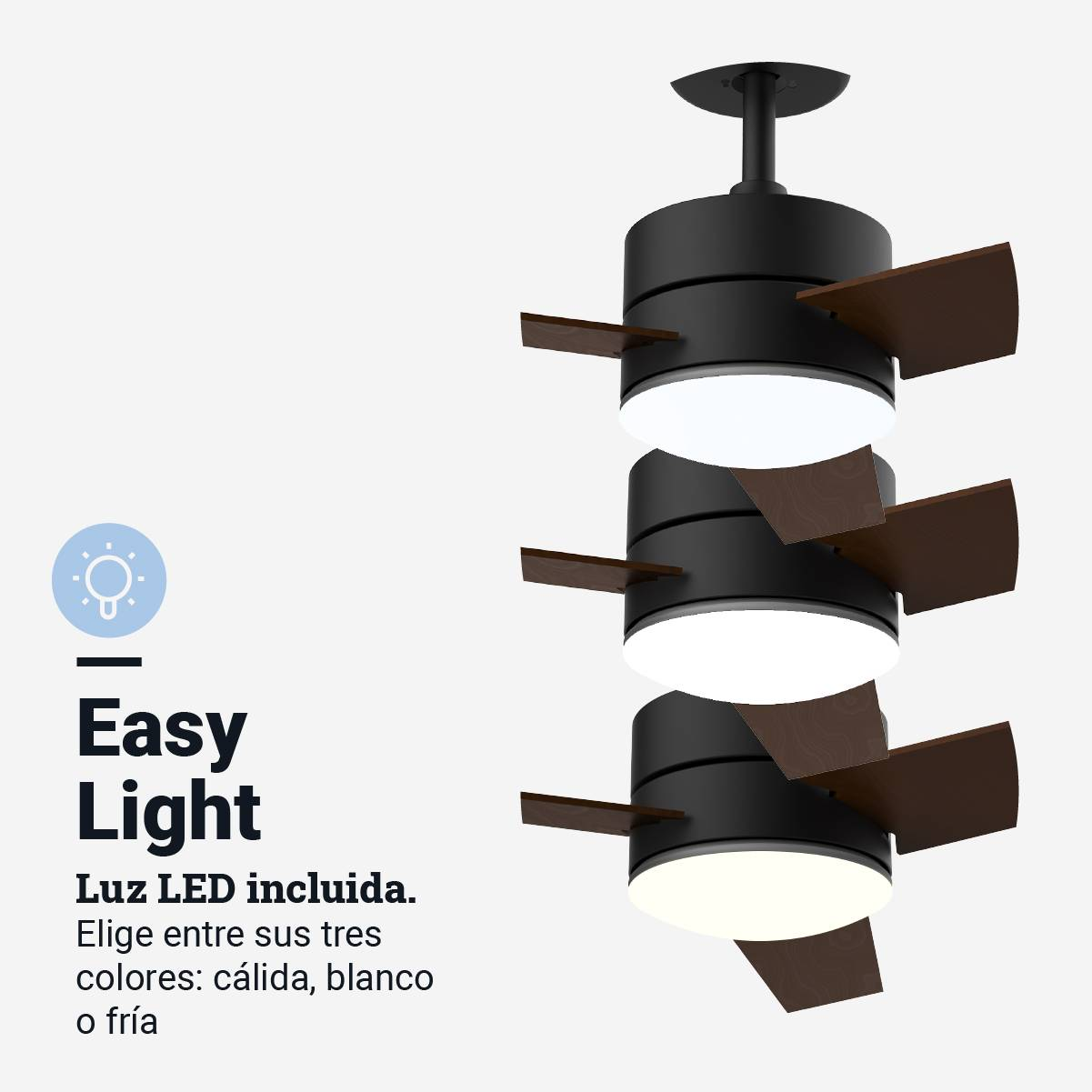 Un ventilatore da soffitto nero con tre livelli di luci, con testo sulla luce facile.
