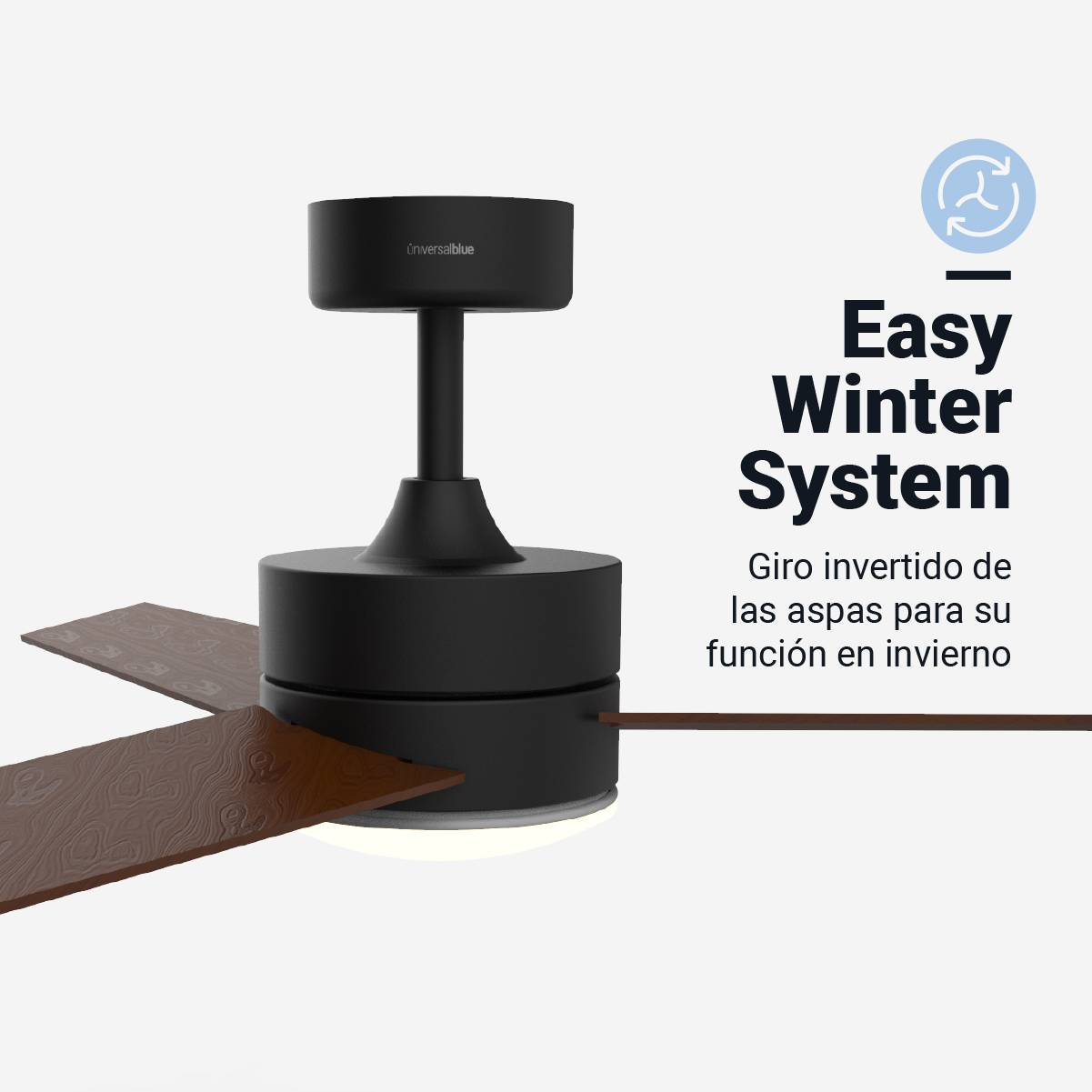 Ventilatore da soffitto nero con pale marroni. Il testo descrive che è facile da usare in inverno.