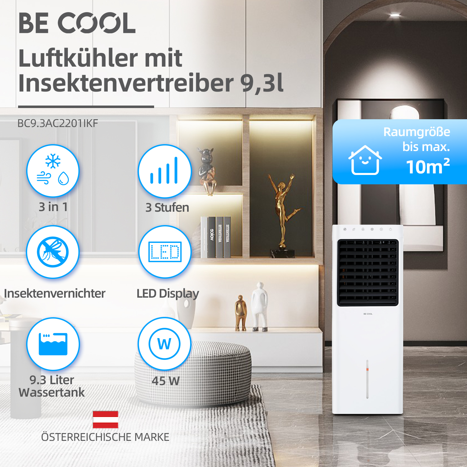 BE COOL BC9.3AC2201IKF LUFTKÜHLER 9L MIT MÜCKENABW. WEISS 