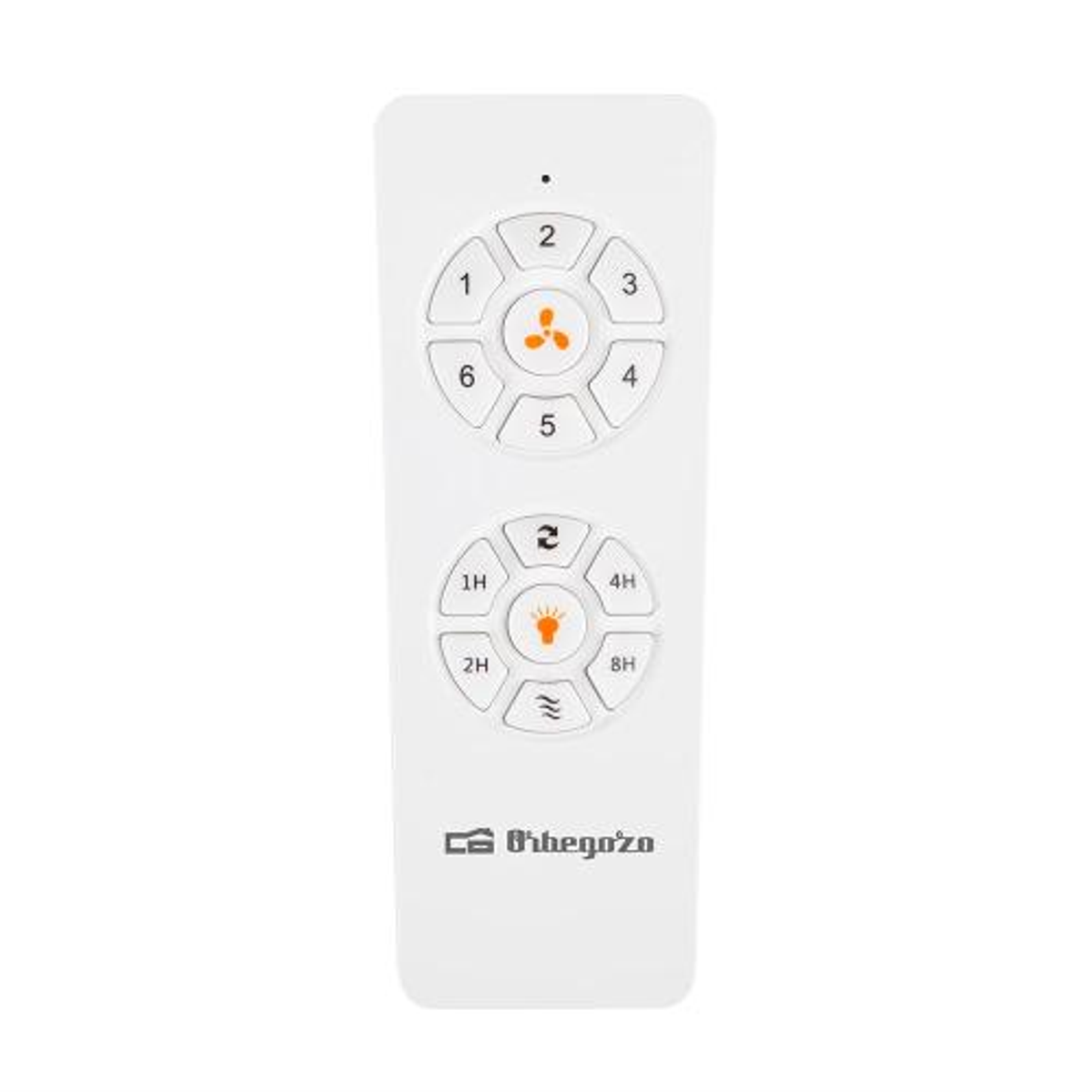 Mando a distancia blanco con botones para velocidad del ventilador y funciones de luz.