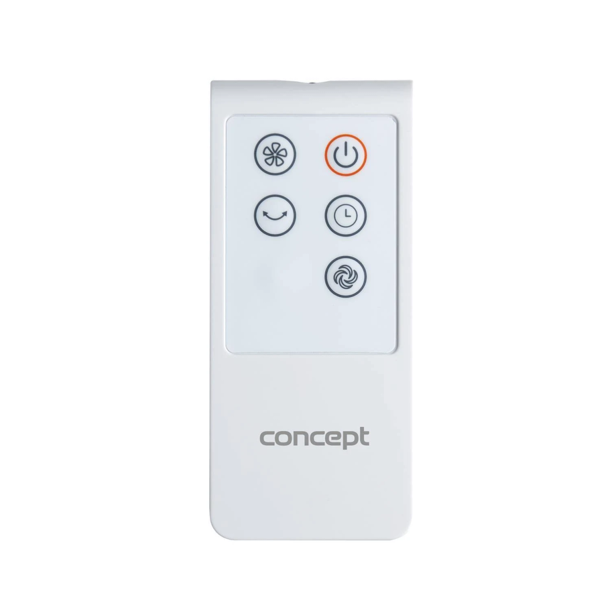 Mando a distancia blanco con seis botones, incluyendo encendido y ajustes del ventilador.