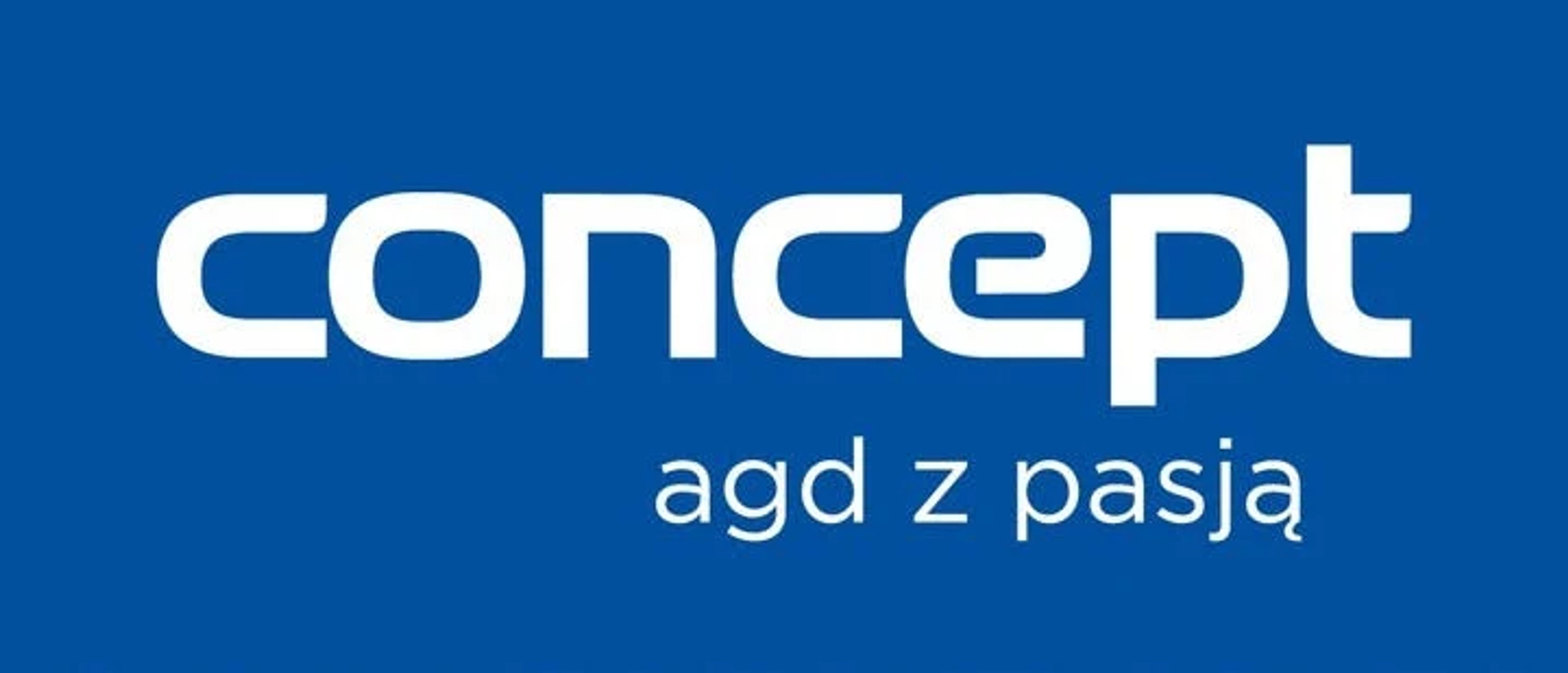 Niebieskie tło z białym tekstem, który brzmi „concept agd z pasją”. Tekst jest w czcionce bezszeryfowej.