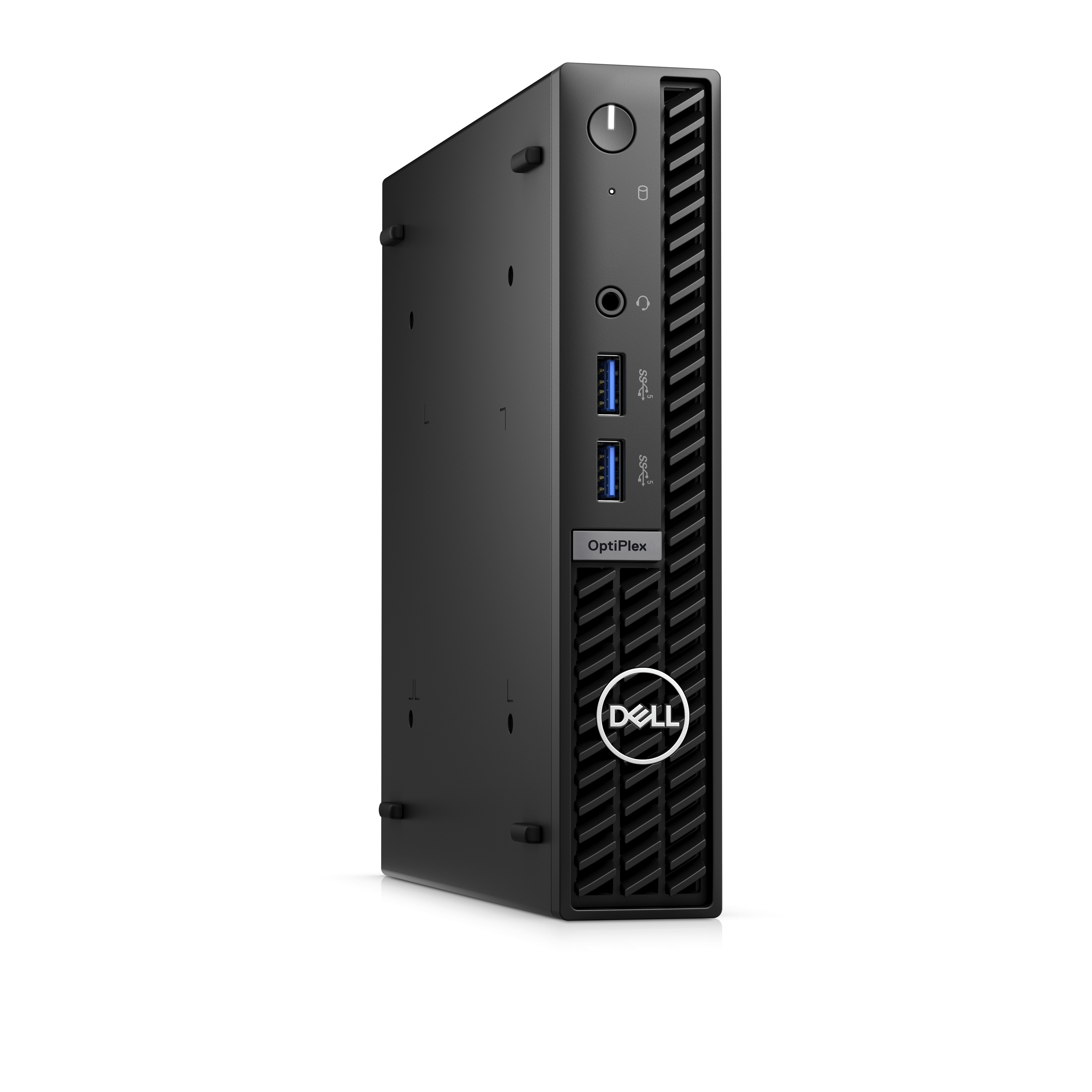 Un ordenador Dell OptiPlex de factor de forma pequeño negro. El logotipo de Dell es visible en el lateral.