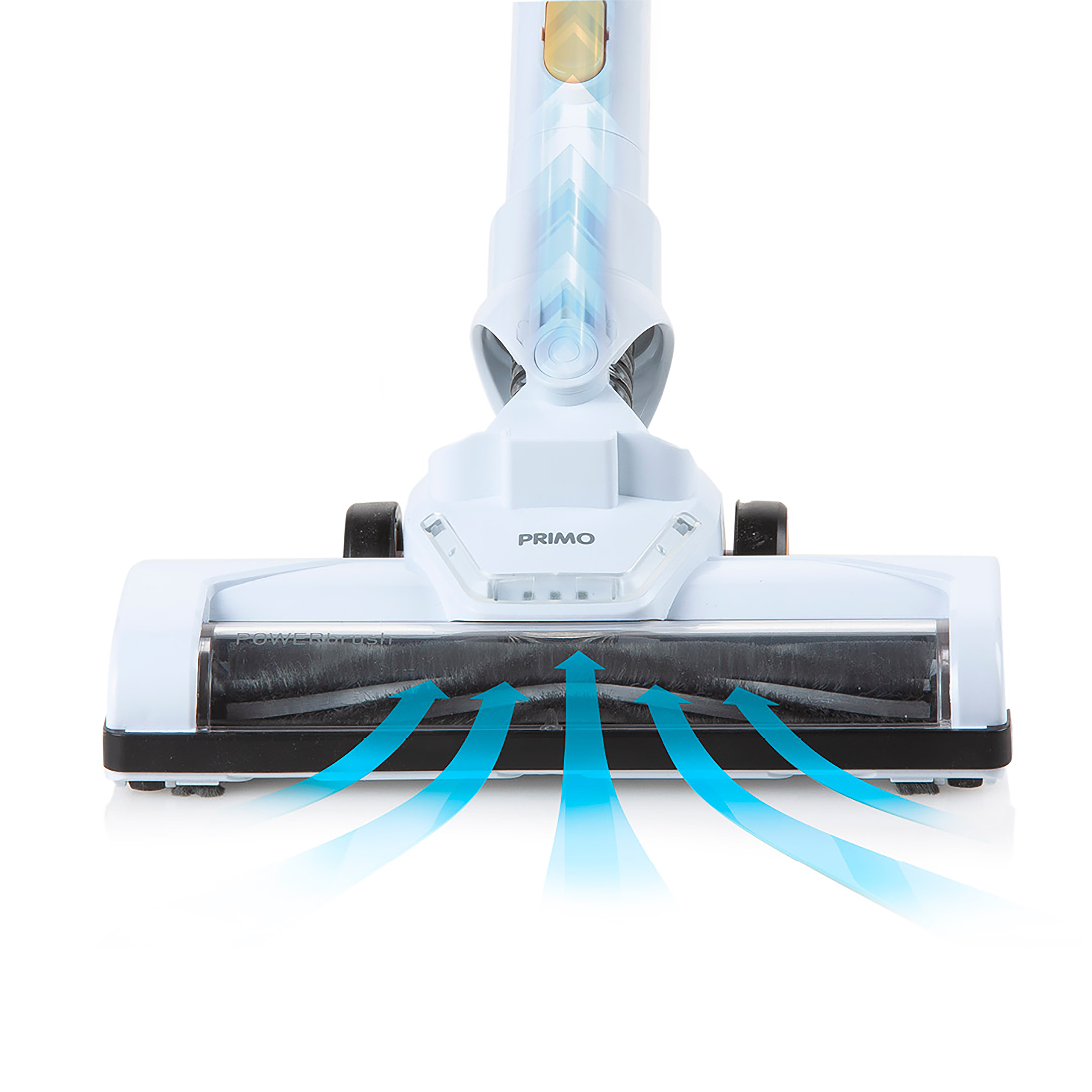 Tête d'aspirateur blanche avec des flèches indiquant la direction d'aspiration.