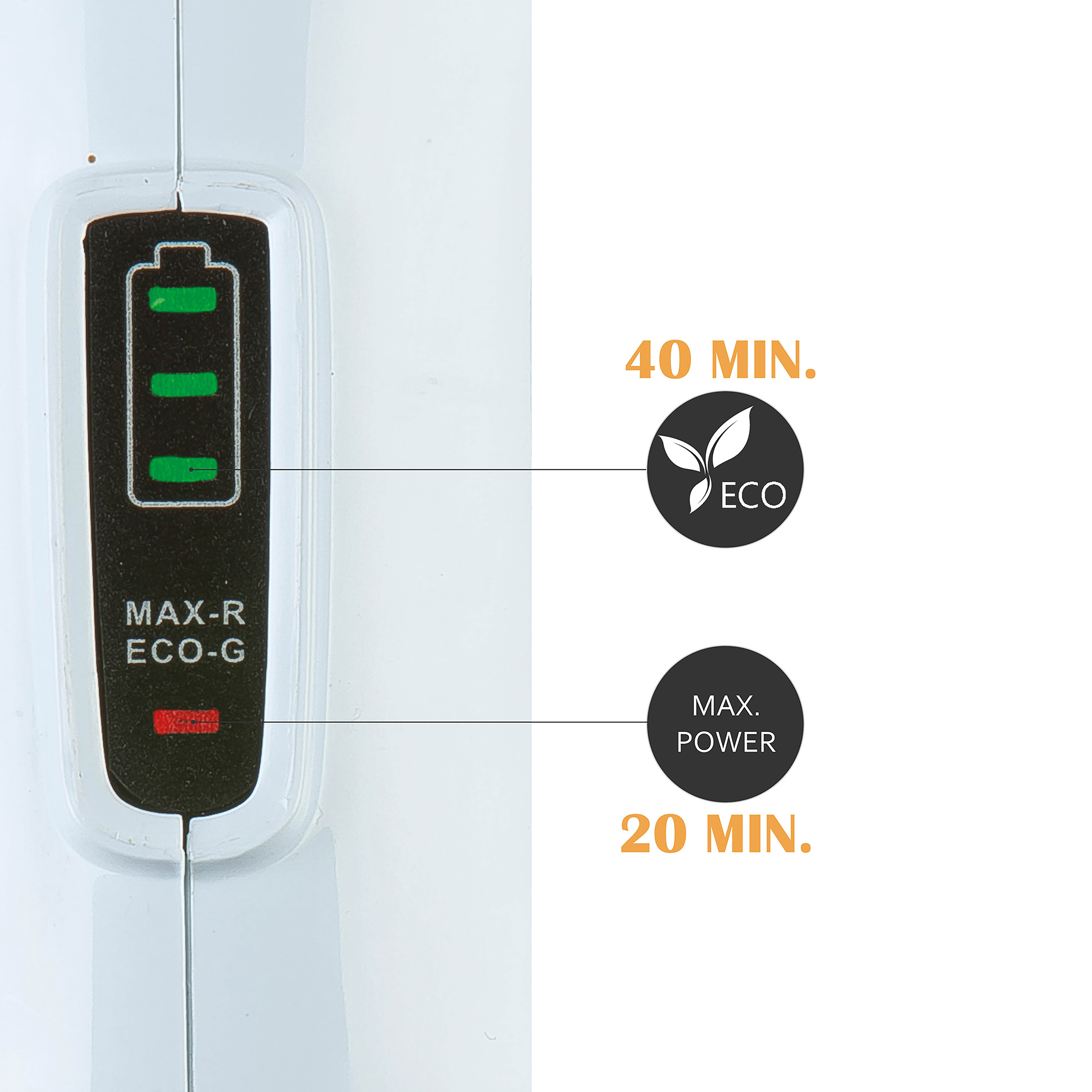 Gros plan d'un indicateur de batterie avec trois lumières vertes et texte décrivant la puissance et le temps.