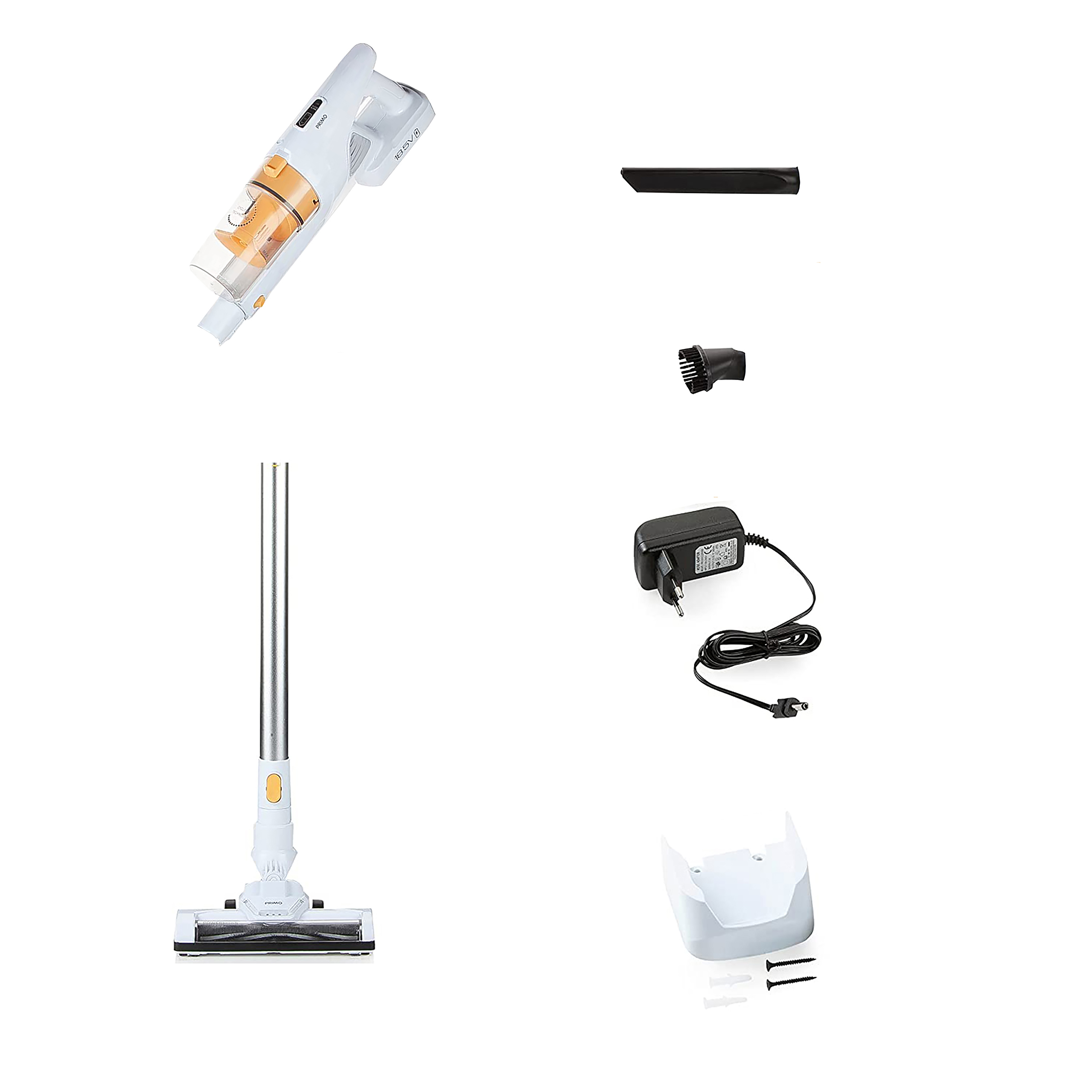 L'image montre un aspirateur et plusieurs de ses accessoires.