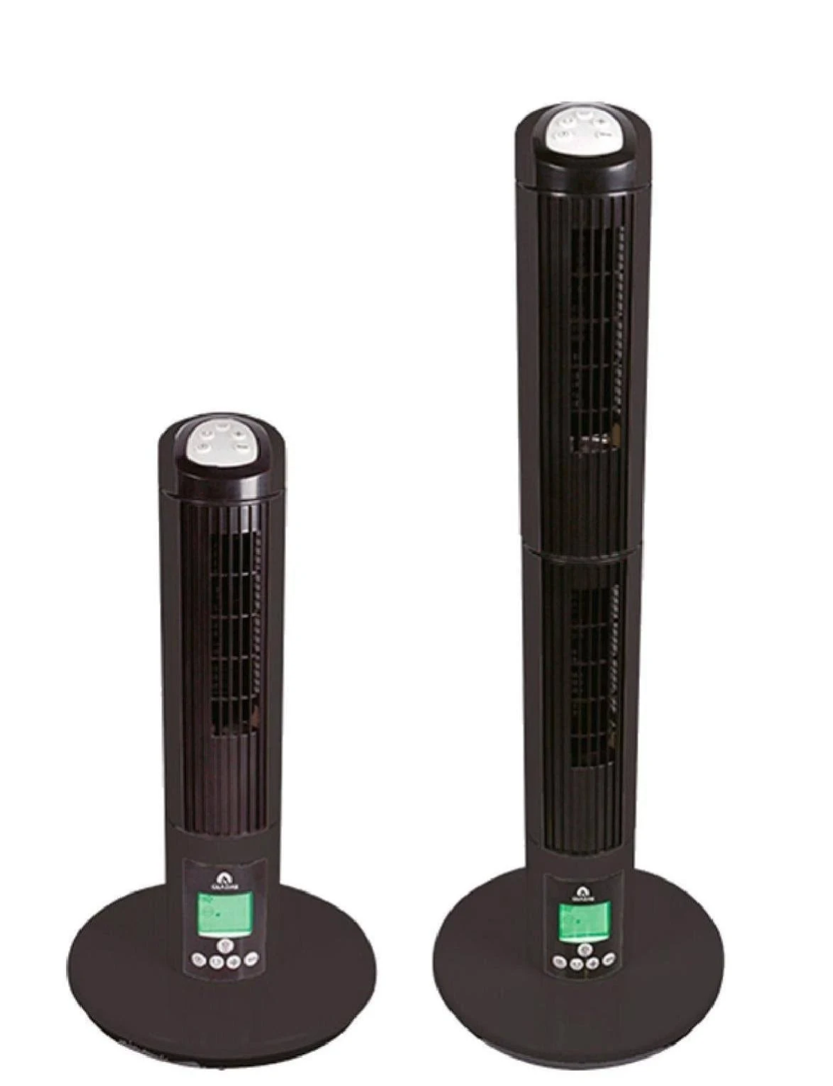 Dos ventiladores de torre negros de diferentes alturas, con pantalla LED verde y controles.