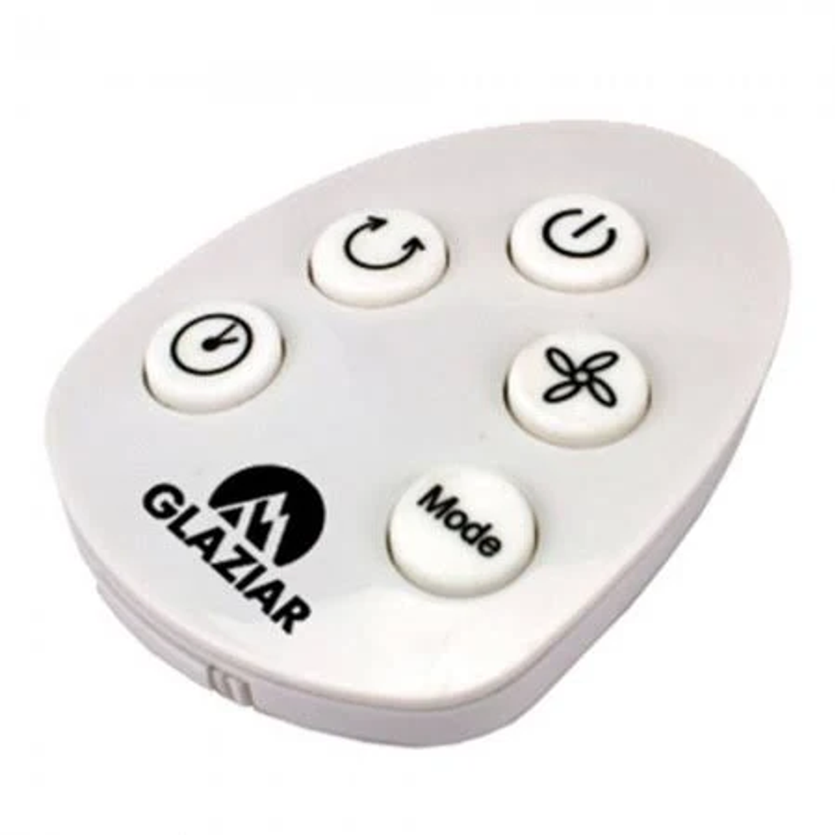 Un mando a distancia ovalado blanco con cinco botones para un ventilador, etiquetado como 'Glaziar'.