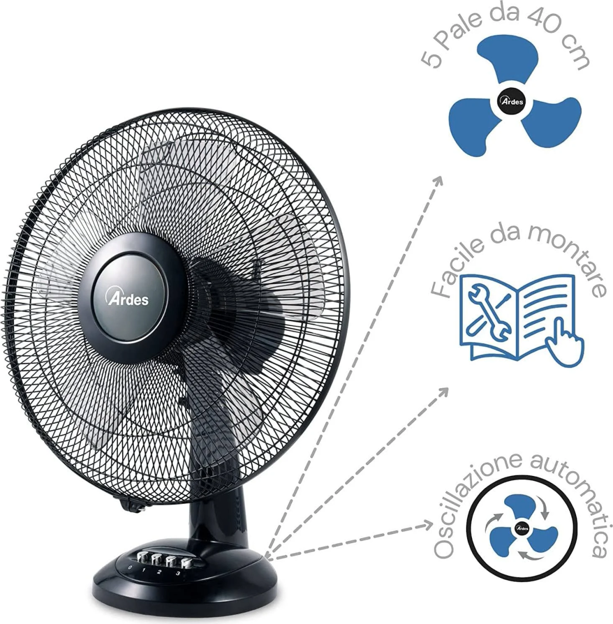 Czarny wentylator biurkowy z drucianą osłoną i podstawą z przyciskami. Niebieskie łopatki.