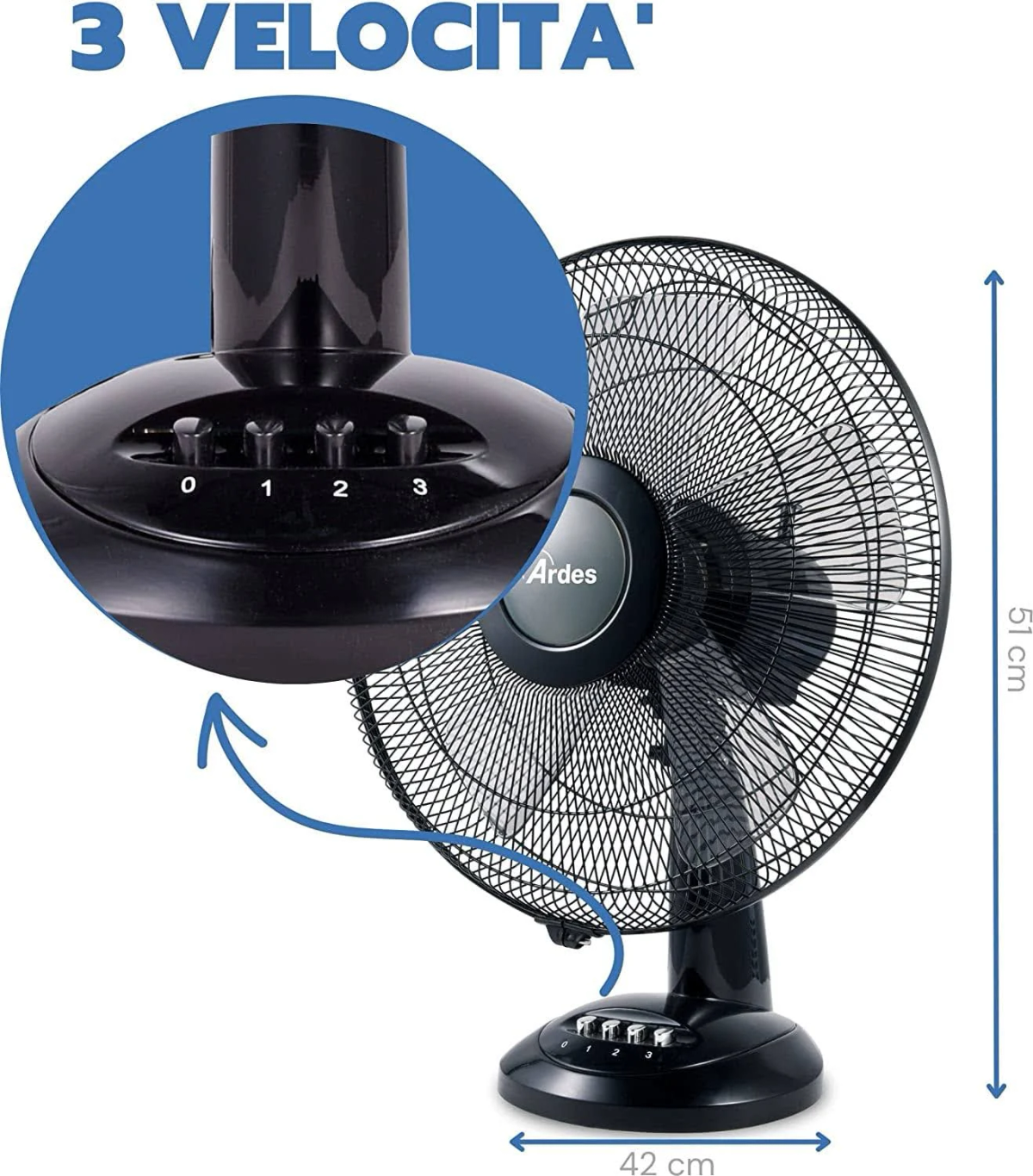 Czarny wentylator z klatką. Wentylator ma trzy prędkości i jest oznaczony wymiarami.