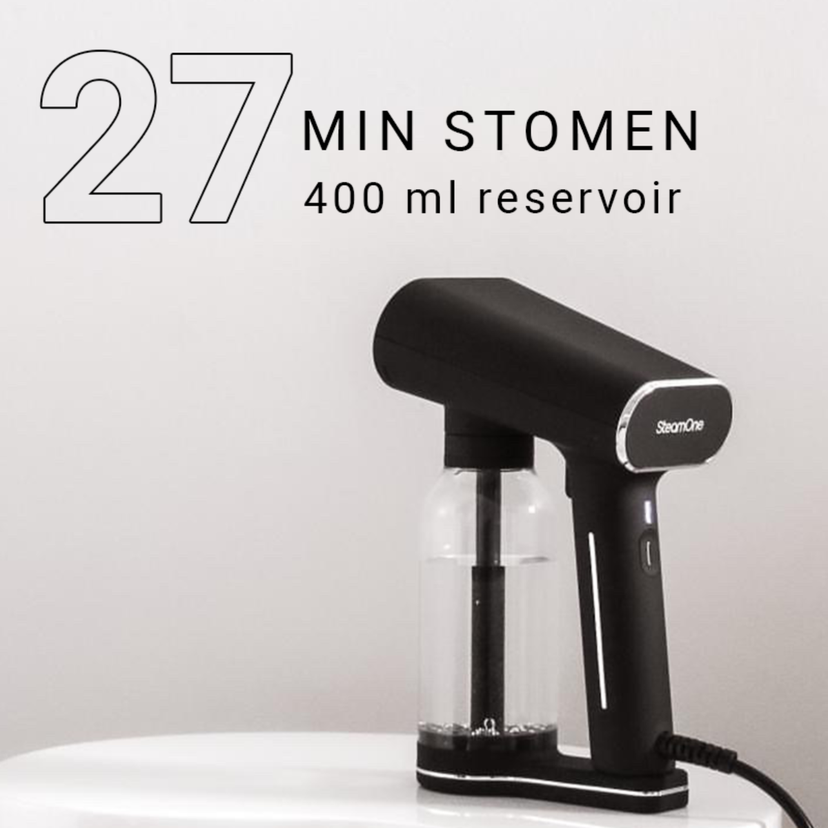 Vapeur portable noir, avec texte indiquant 27 minutes d'utilisation et réservoir de 400 ml.