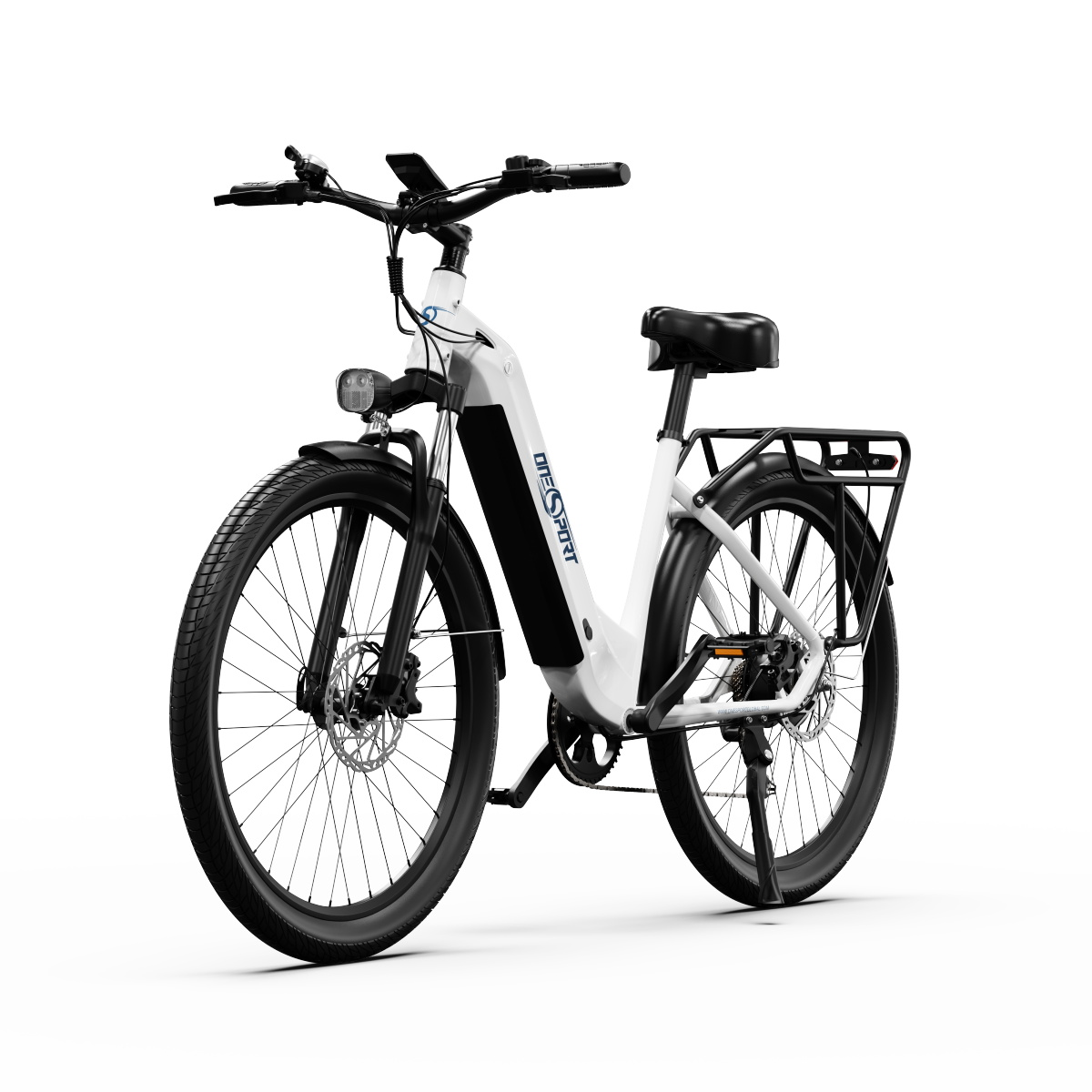 Bicicletta elettrica bianca e nera. La bici ha sella, pneumatici e portapacchi neri.