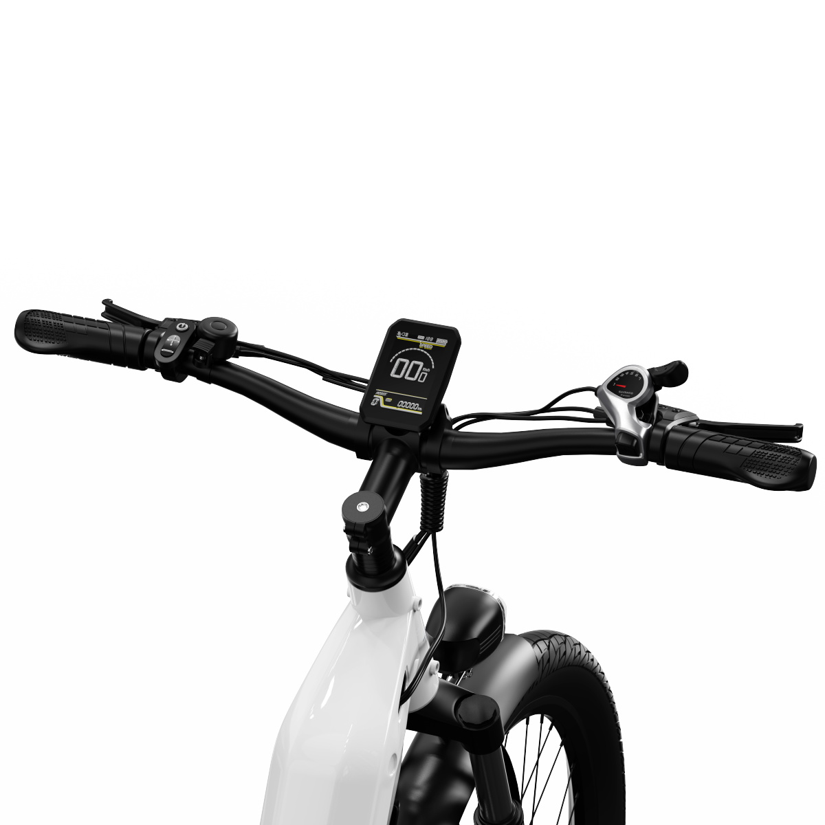 Primo piano del manubrio di una bici elettrica, con un display e comandi. Sfondo bianco.